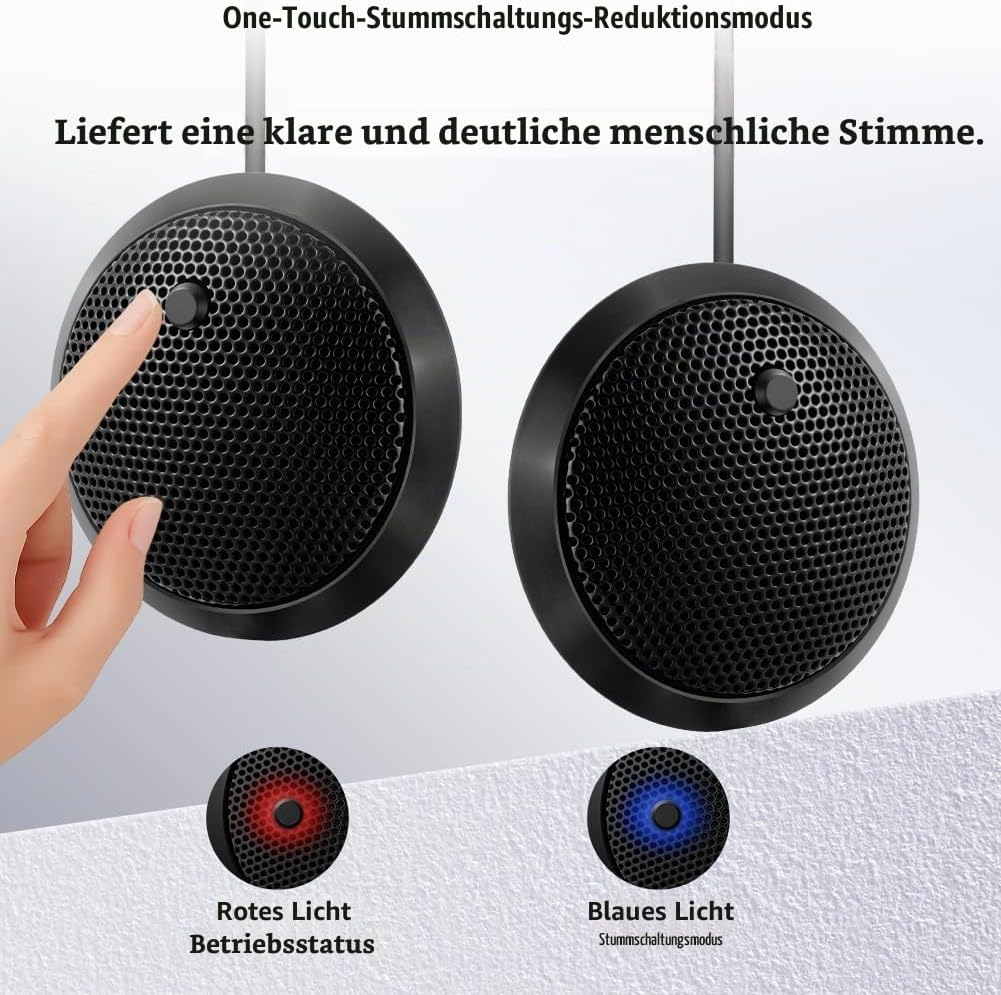 Zwei runde schwarze Mikrofone mit roten und blauen Leuchtanzeigen für Betrieb und Stummschaltung.