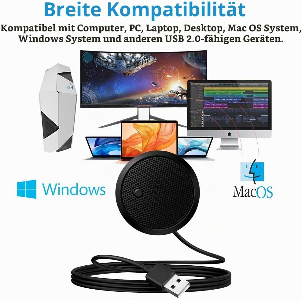 Ein schwarzer Konferenzlautsprecher mit Kabel vor Monitoren, Laptops und Computern mit Windows- und MacOS-Symbolen.