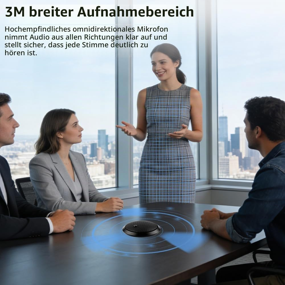 Vier Personen sitzen in einem Besprechungsraum an einem Tisch mit einem runden Mikrofon.