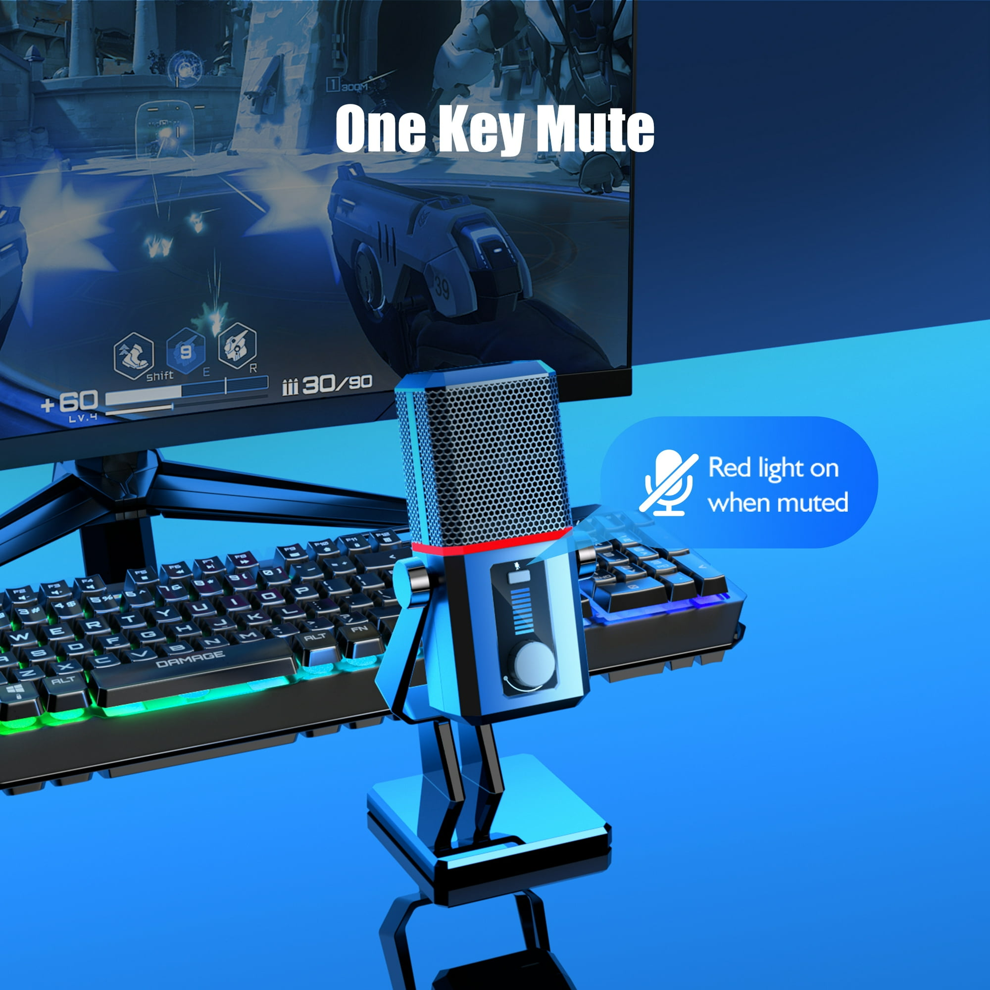 Mikrofon mit blauem LED-Licht, Gaming-Tastatur und Bildschirm auf blauem Hintergrund.
