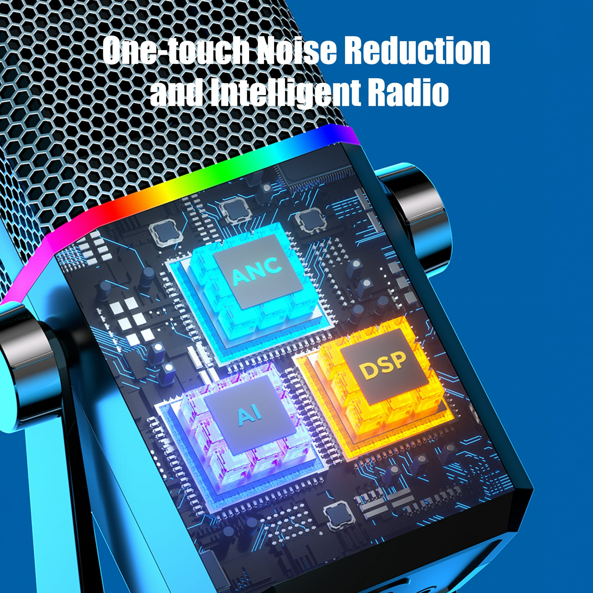 Mikrofon mit RGB-Streifen, ANC-, AI- und DSP-Chips auf einer blauen Leiterplatte.