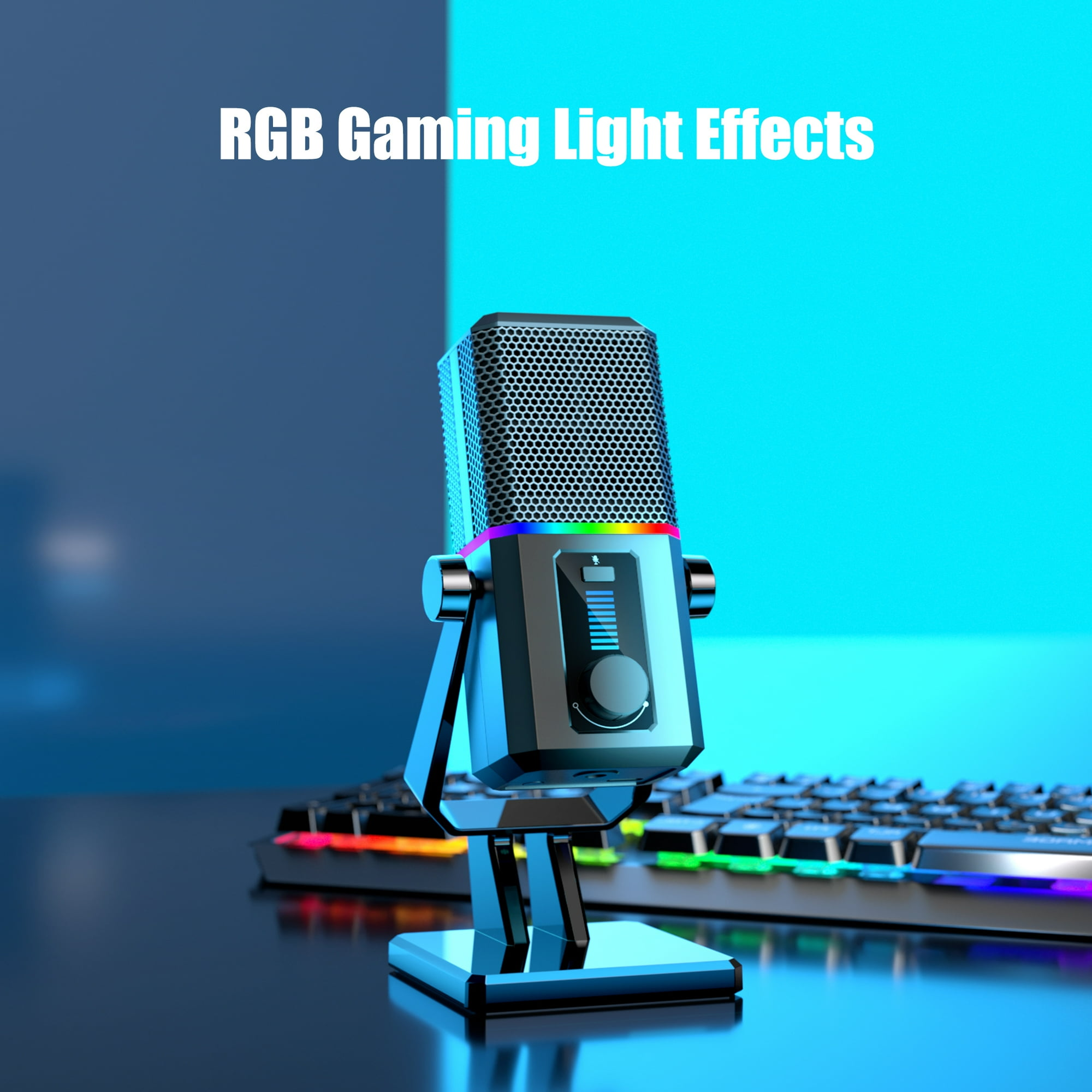 Ein Gaming-Mikrofon mit RGB-Beleuchtung steht vor einer Tastatur auf einem blauen Schreibtisch.
