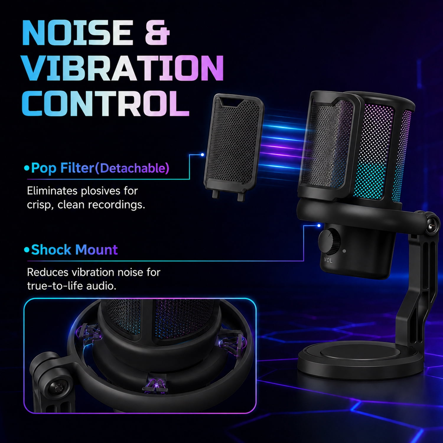Ein schwarzes Mikrofon mit abnehmbarem Pop-Filter und Shock-Mount auf blauem Hintergrund mit Text.