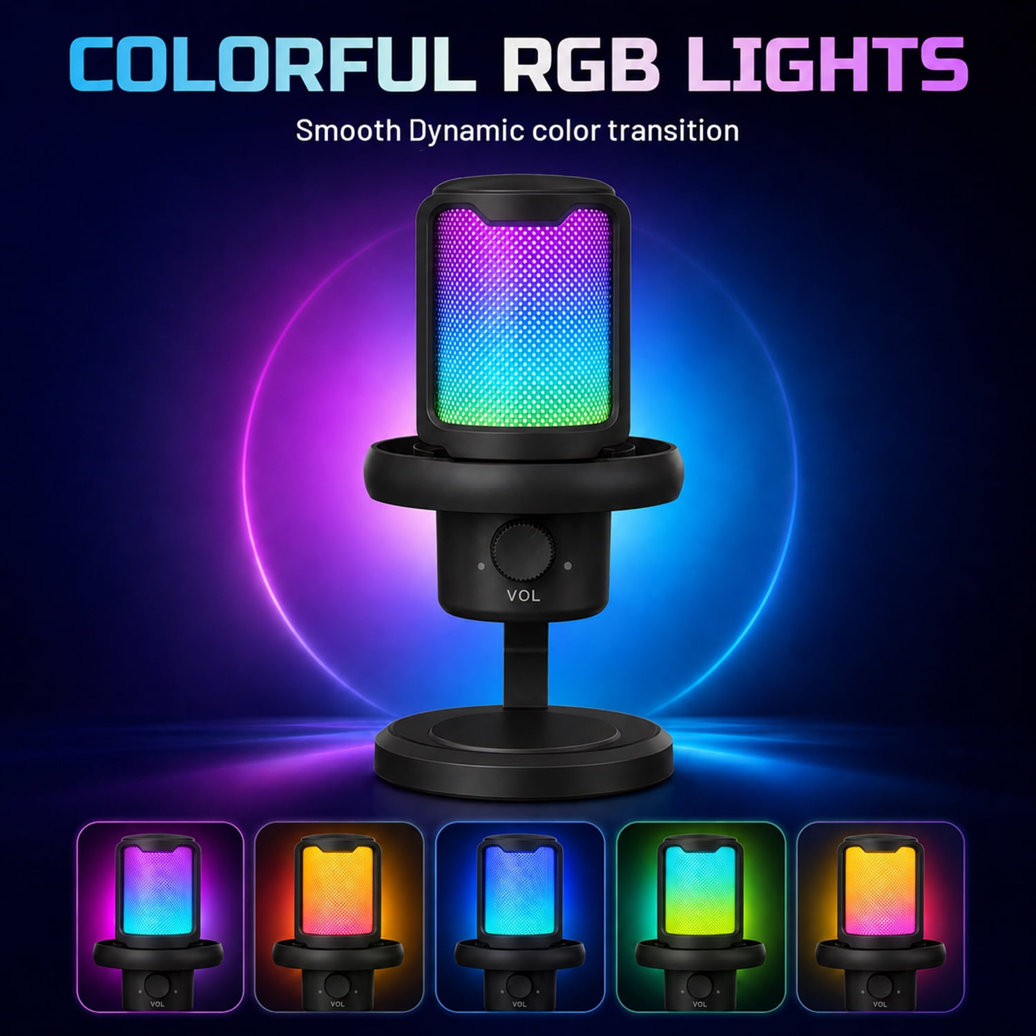 Ein schwarzes Mikrofon mit RGB-Beleuchtung vor einem blauen und violetten Hintergrund.