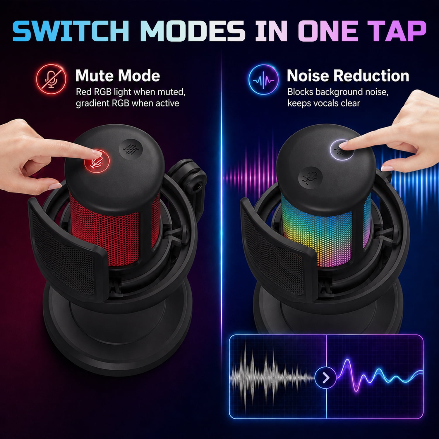 Ein schwarzes Mikrofon mit Stumm- und Rauschunterdrückungsmodus und RGB-Beleuchtung.