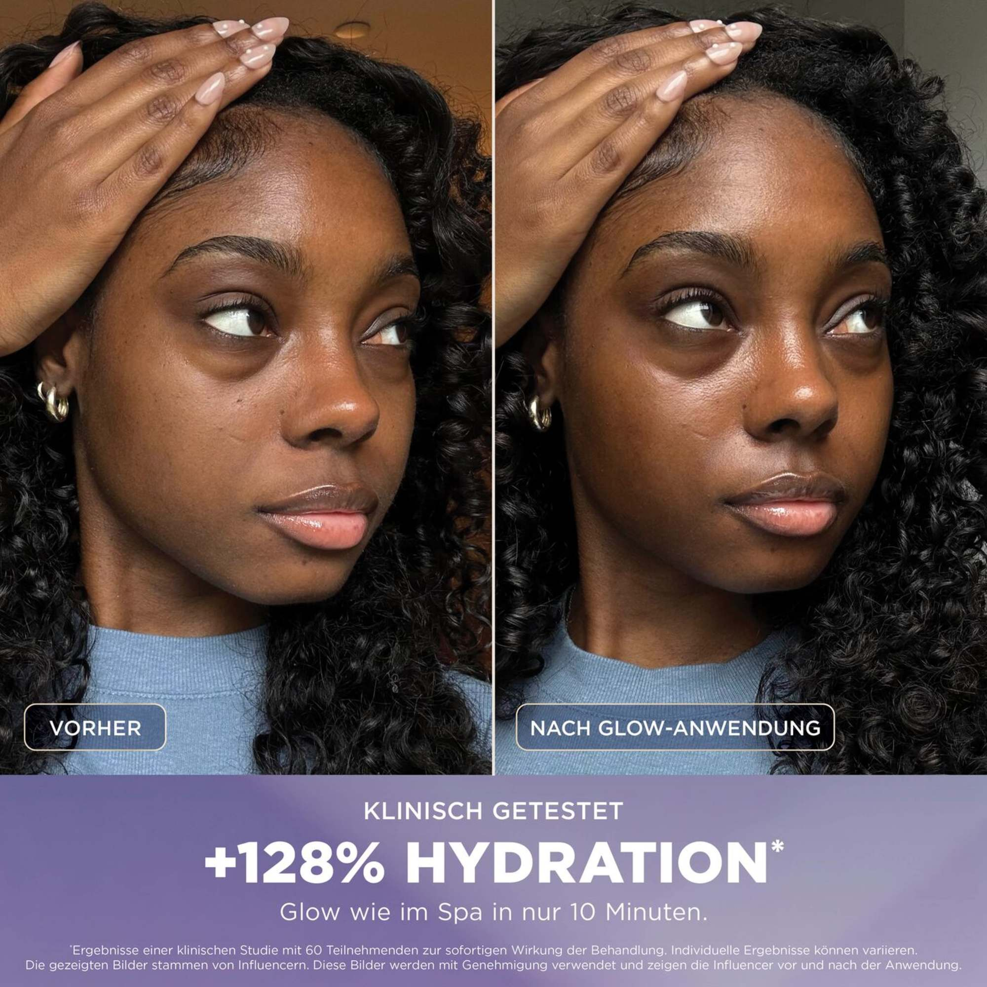 Comparaison avant-après du visage d'une femme avec 128 % d'hydratation en plus après le soin.