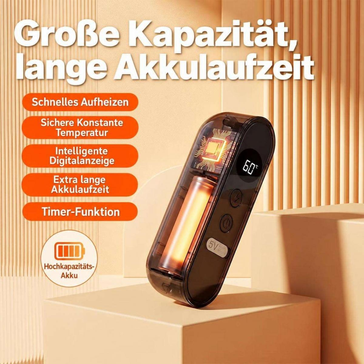 Ein tragbares Heizgerät auf einem Podest mit deutschen Produktmerkmalen.