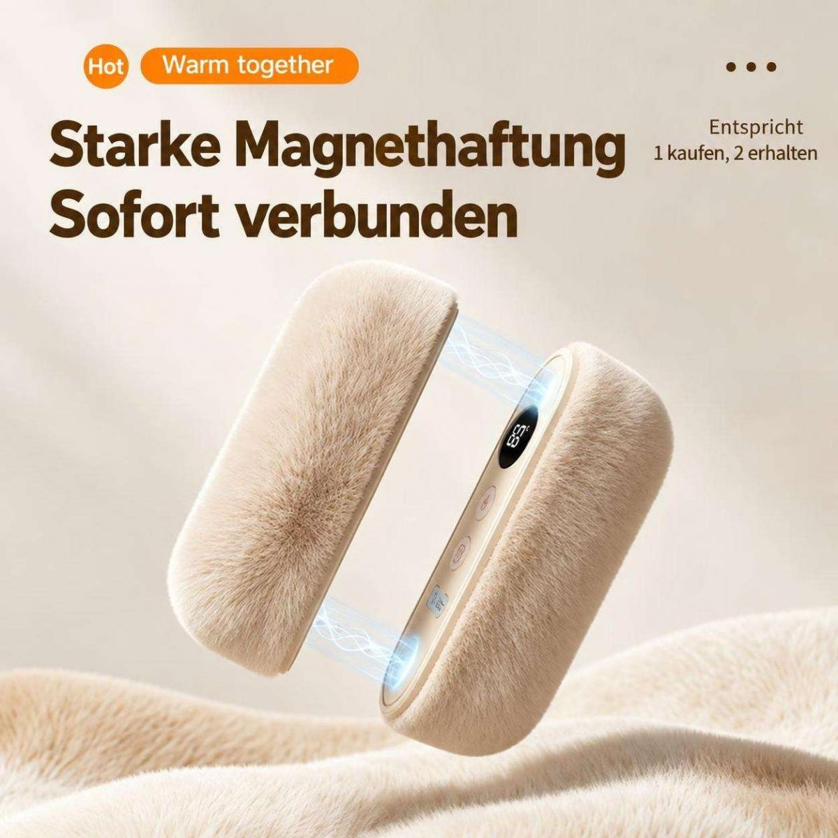 Zwei beige, flauschige Handwärmer mit digitaler Anzeige und Magnetverbindung auf weicher Decke.