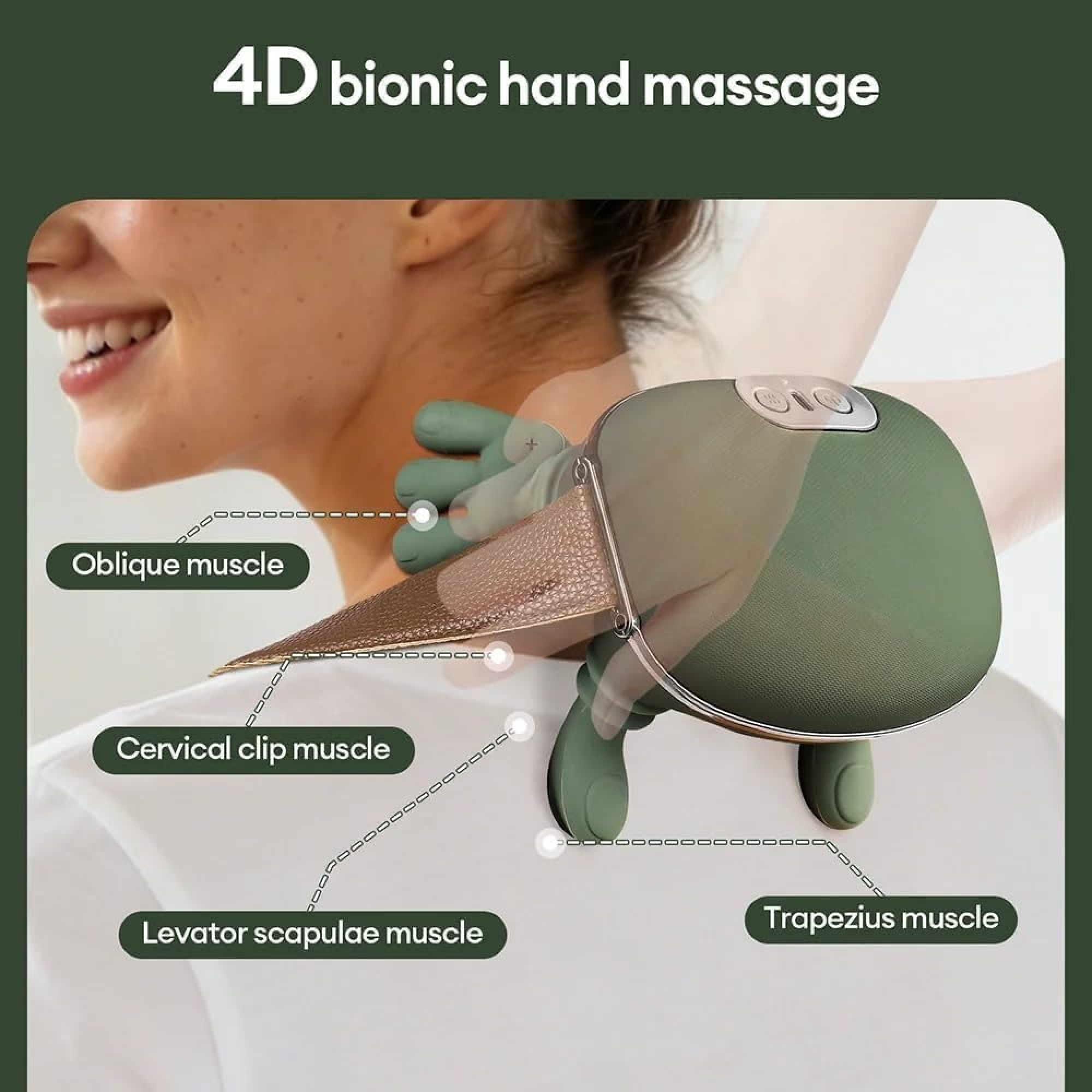 Eine Frau benutzt ein grünes bionisches Handmassagegerät am Hals und zeigt Muskelbereiche mit Diagrammen.