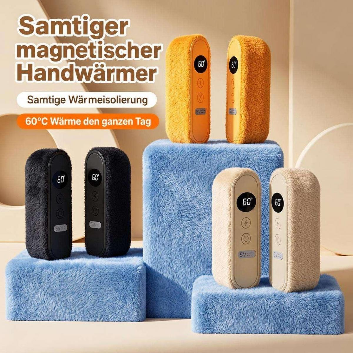 Samtige magnetische Handwärmer in Orange, Schwarz und Beige auf blauen Kissen mit deutschem Text.