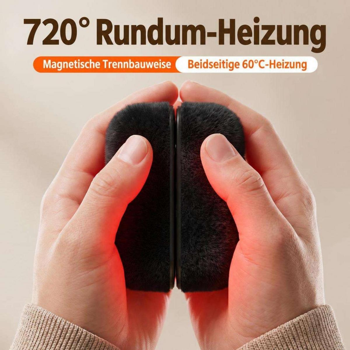Hände halten zwei schwarze, flauschige, magnetisch trennbare Gegenstände mit integrierter Heizung.