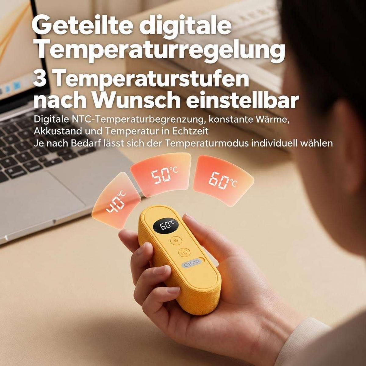 Hand hält gelbes, schmales Gerät mit digitalem Display und 3 Temperaturstufen.