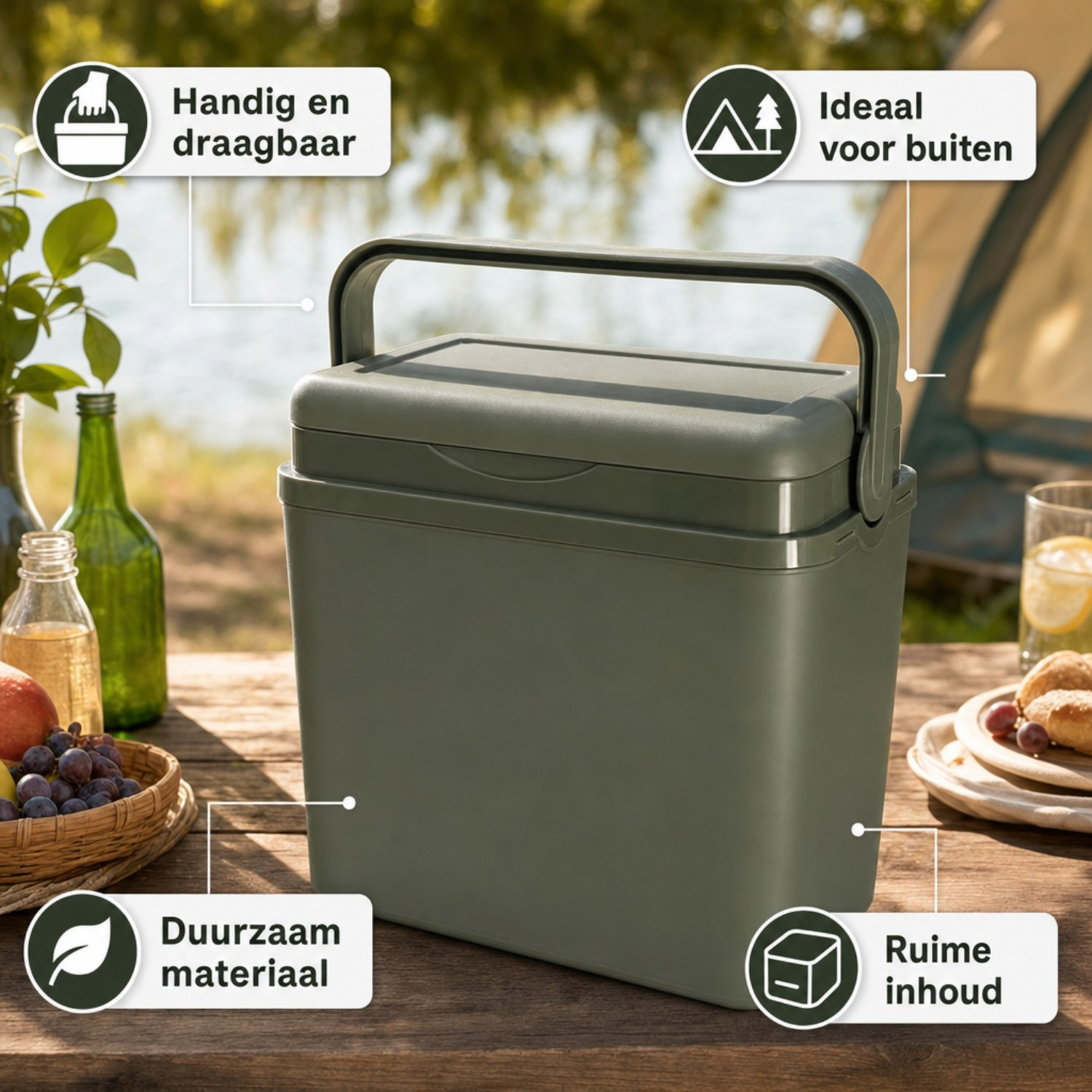 Eine grüne Kühlbox auf einem Holztisch im Freien mit Textkarten zur Tragbarkeit, Langlebigkeit, Grösse und Nutzung.