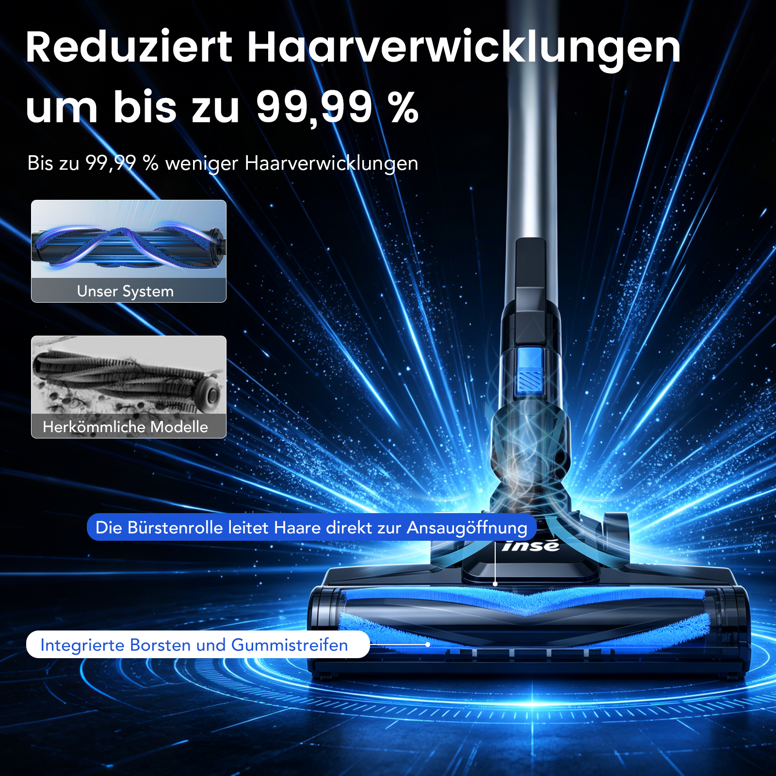 Staubsaugerkopf mit blauer Bürstenrolle vor blauem Hintergrund mit Text auf Deutsch.