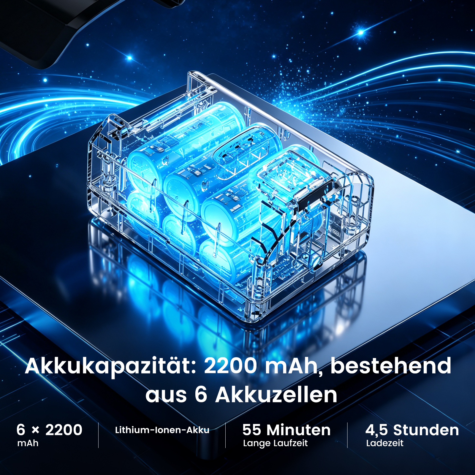 Transparenter Akku mit sechs Zellen auf glänzender Oberfläche vor blauem Hintergrund.