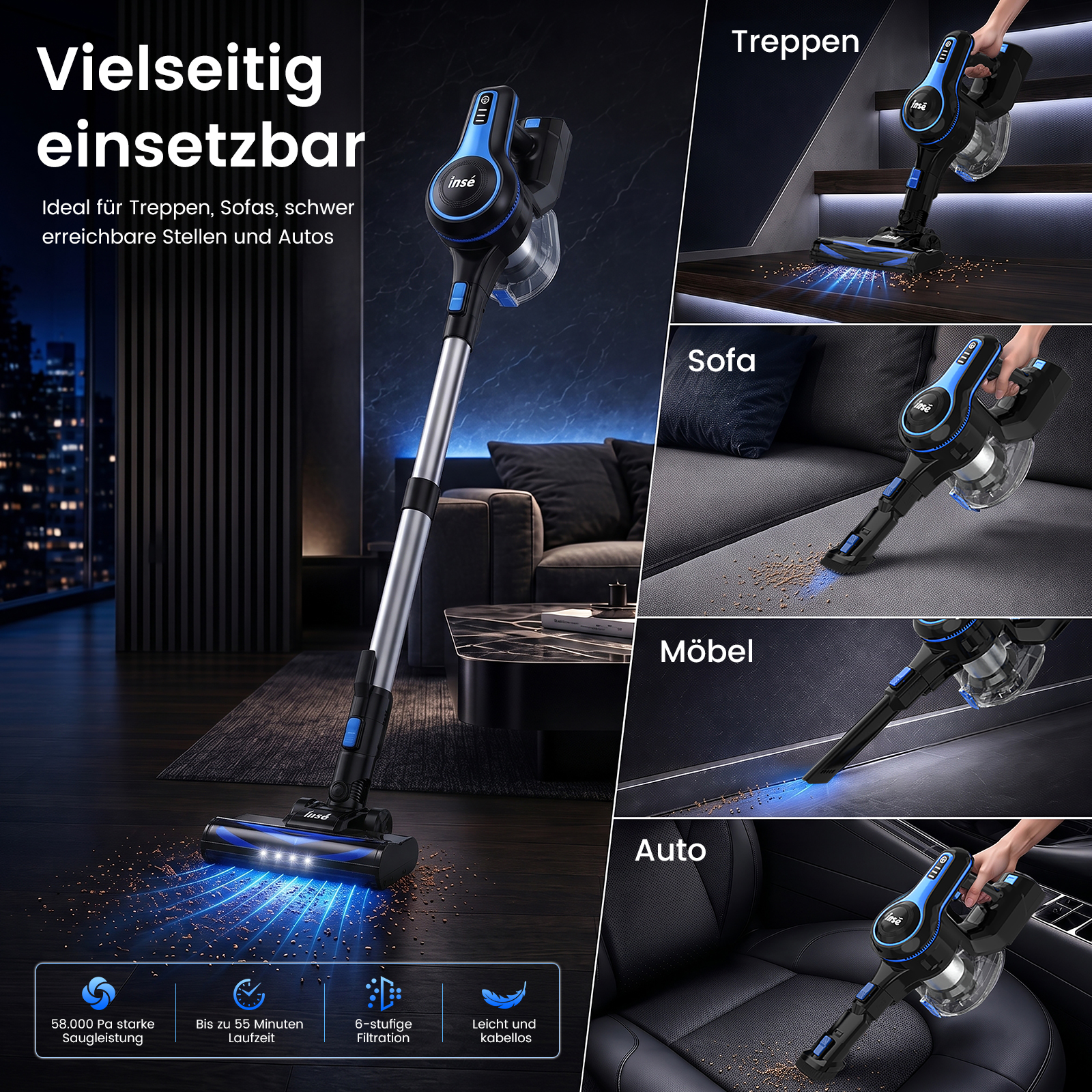 Ein vielseitiger kabelloser Staubsauger beim Reinigen von Treppen, Sofas, Möbeln und Autositzen mit blauer Beleuchtung.