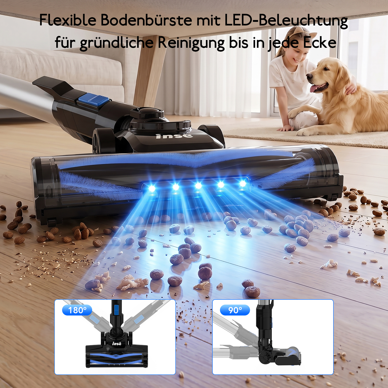 Ein kabelloser Staubsauger mit blauer LED-Beleuchtung reinigt Tierfutter auf dem Holzboden.