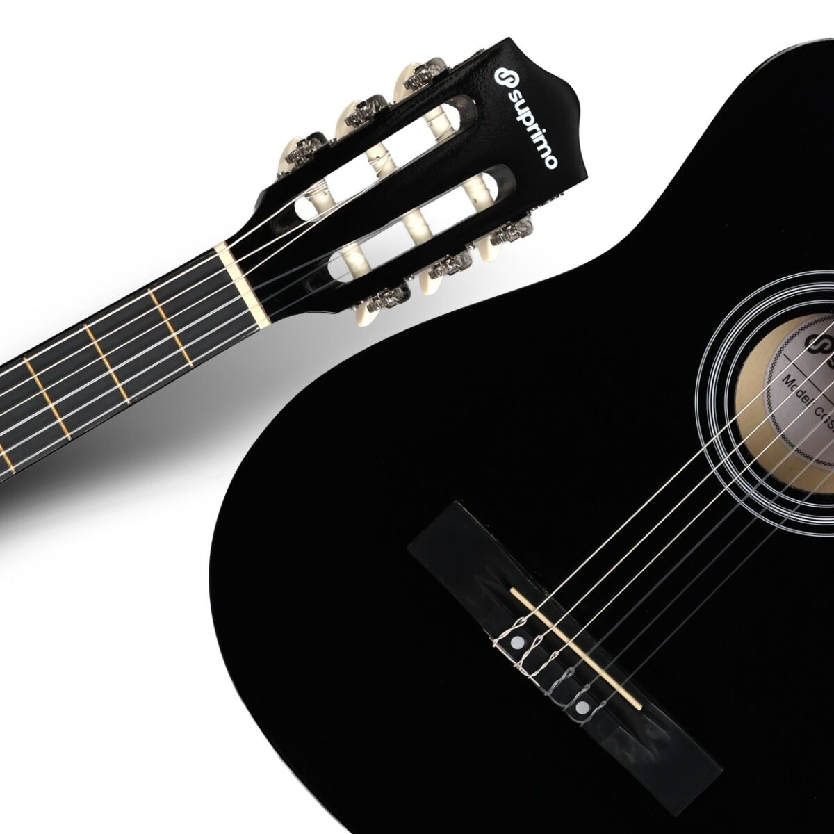 Nahaufnahme einer schwarzen Suprimo-Akustikgitarre mit sichtbarem Hals und Korpus auf weißem Hintergrund.