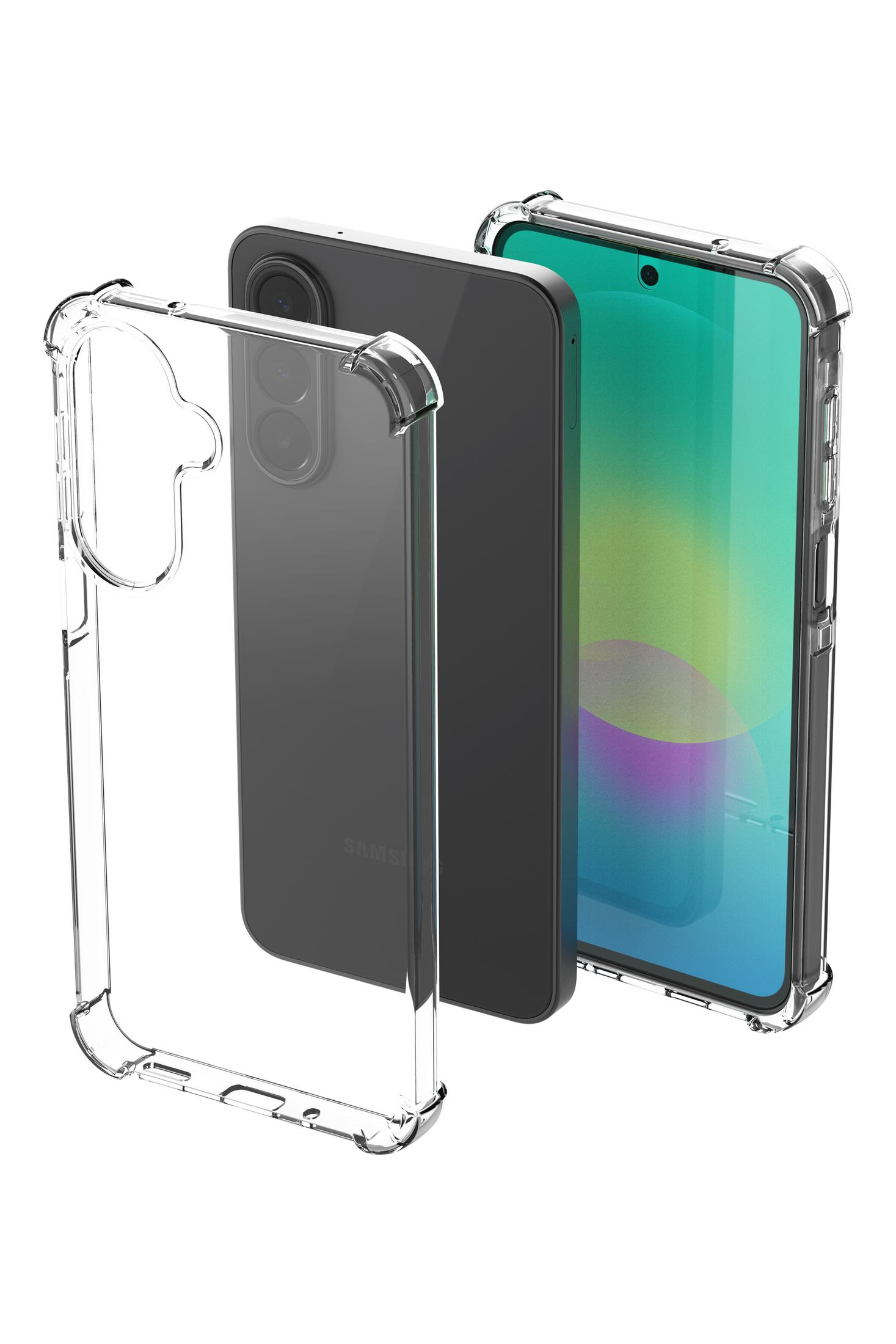 Uno smartphone nero con schermo colorato e due custodie protettive trasparenti.
