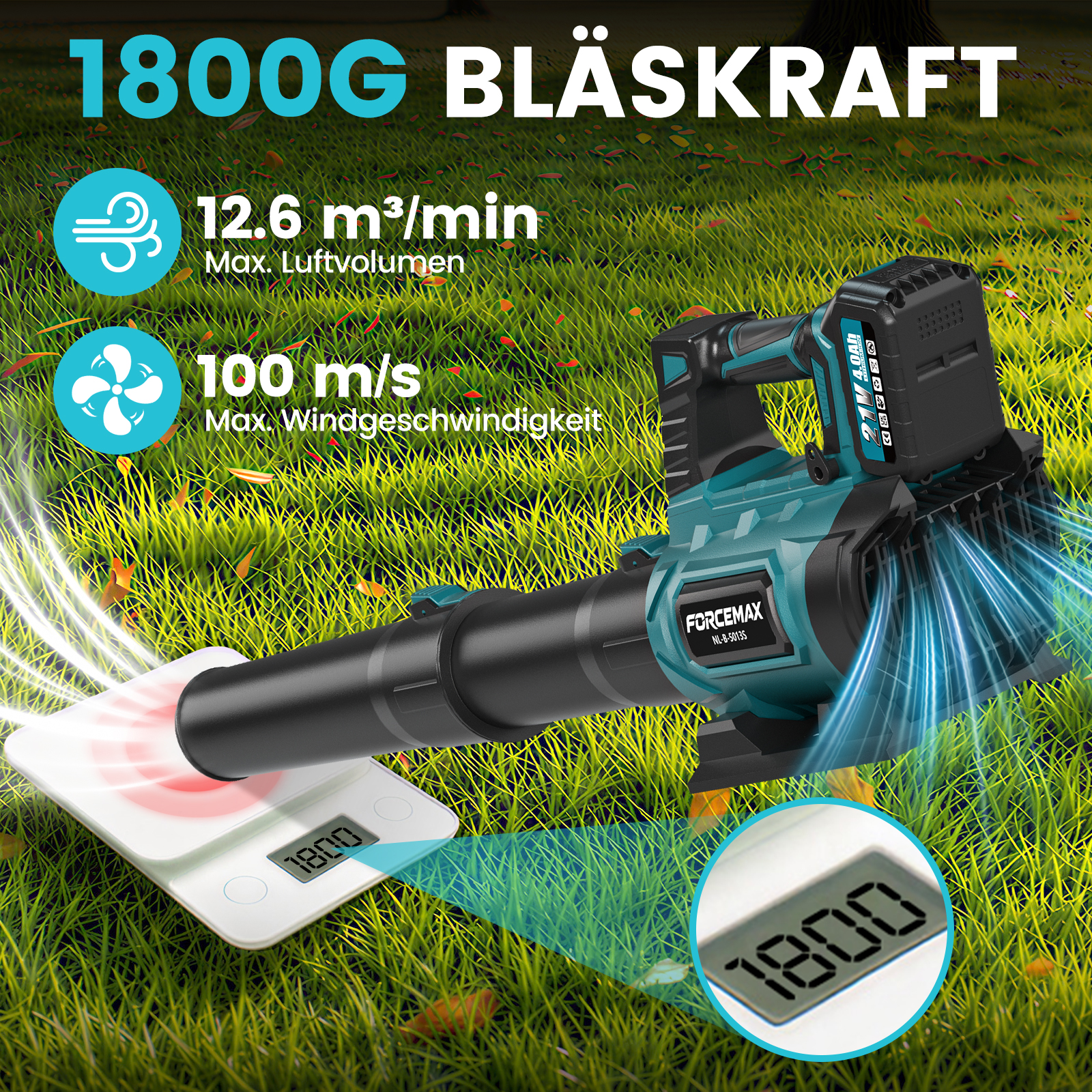 Akku-Laubbläser auf einer Skala mit technischen Daten auf grünem Gras.