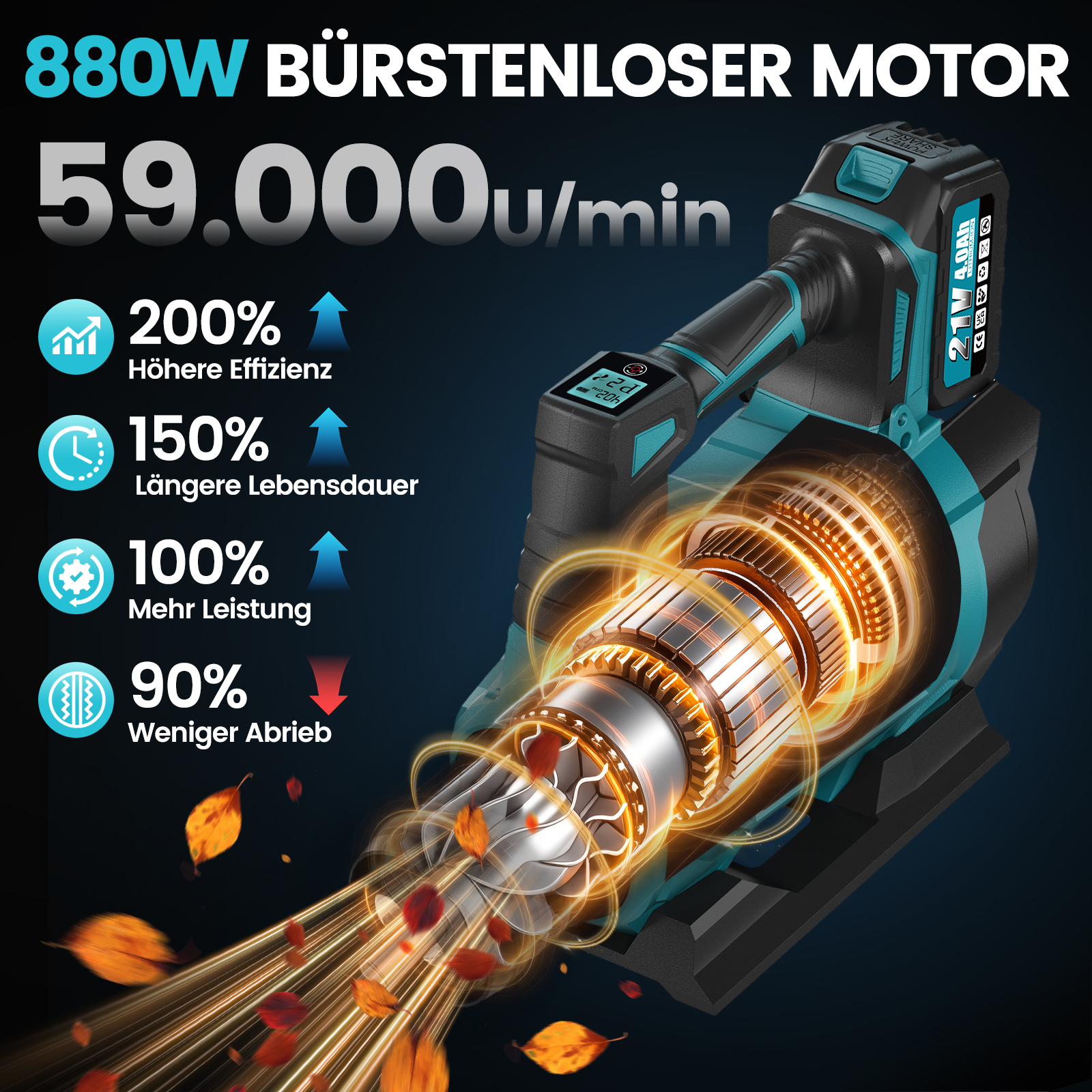 Akku-Blasgerät mit bürstenlosem Motor, das kraftvoll Blätter wegbläst.