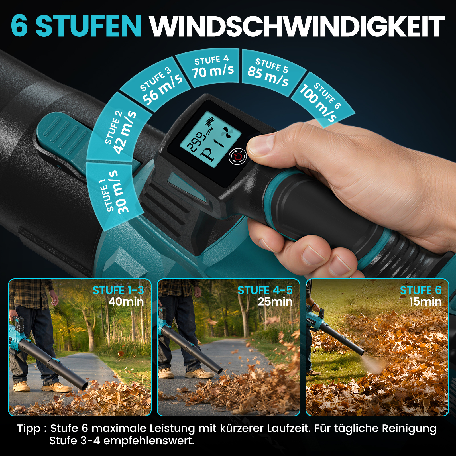 Hand hält Laubbläser mit digitalem Display, Geschwindigkeitsstufen und Laufzeiten.