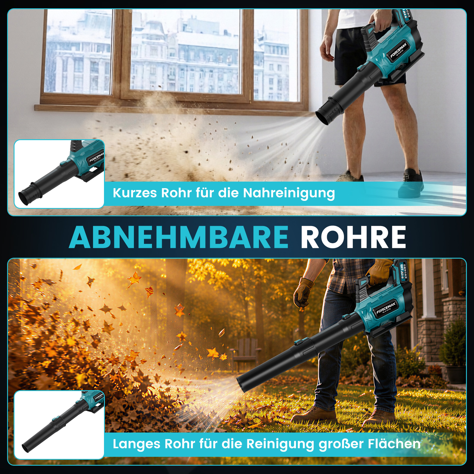 Ein Mann benutzt einen Akku-Laubbläser, einmal drinnen mit kurzem und draußen im Garten mit langem Rohr.