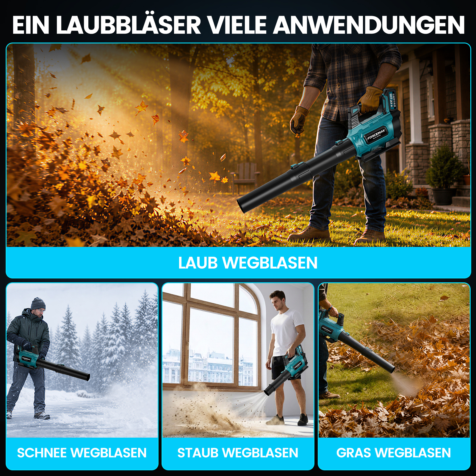 Ein Mann nutzt einen blauen Laubbläser im Herbst, im Schnee, im Innenbereich und auf Rasen.