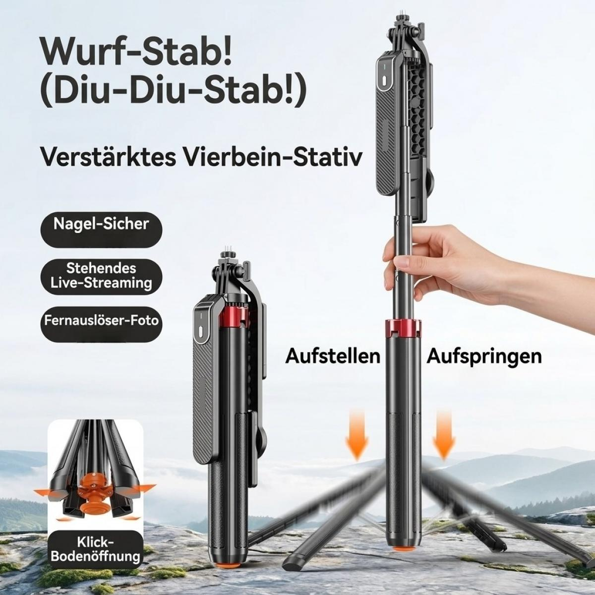 Ein tragbares Stativ mit vier Beinen und einem ausziehbaren Stab vor einer Berglandschaft.
