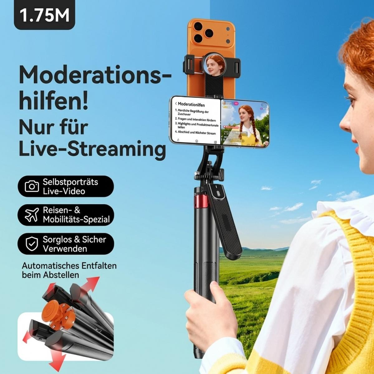 Eine Frau hält ein Smartphone-Stativ im Freien mit Textgrafiken und Produktfeatures.