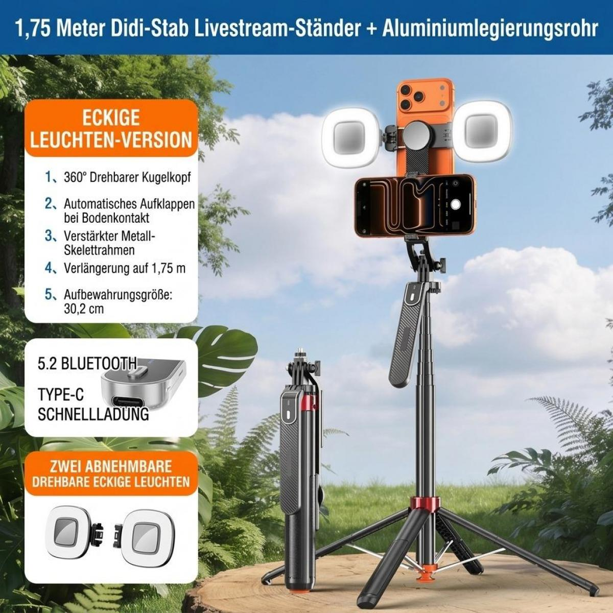 1,75m Livestream-Ständer mit zwei Lichtern, Smartphone-Halterungen und Stativ im Freien.