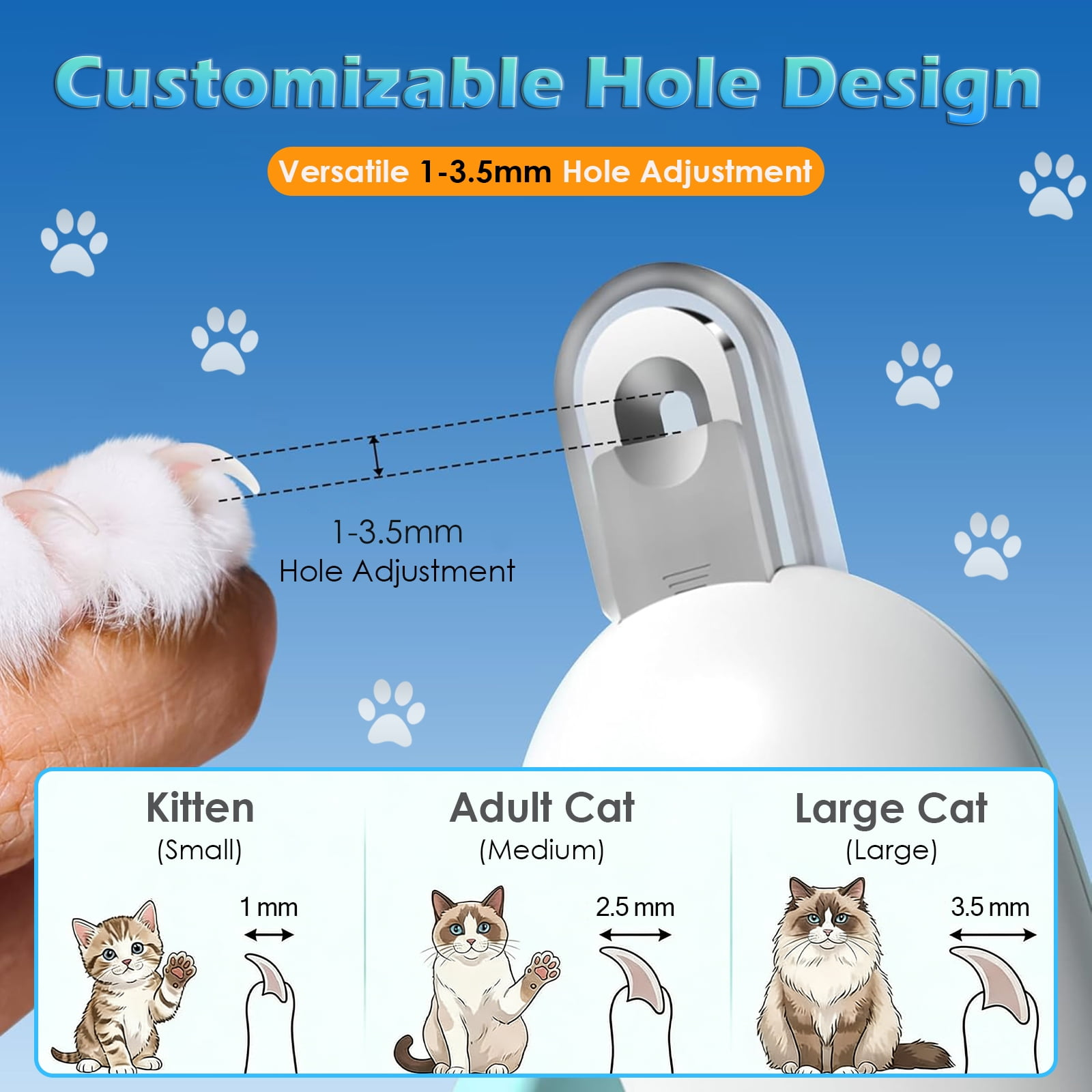 Anleitung zur einstellbaren Lochgröße eines Katzennagelknipser mit Beispielen für Katzen.