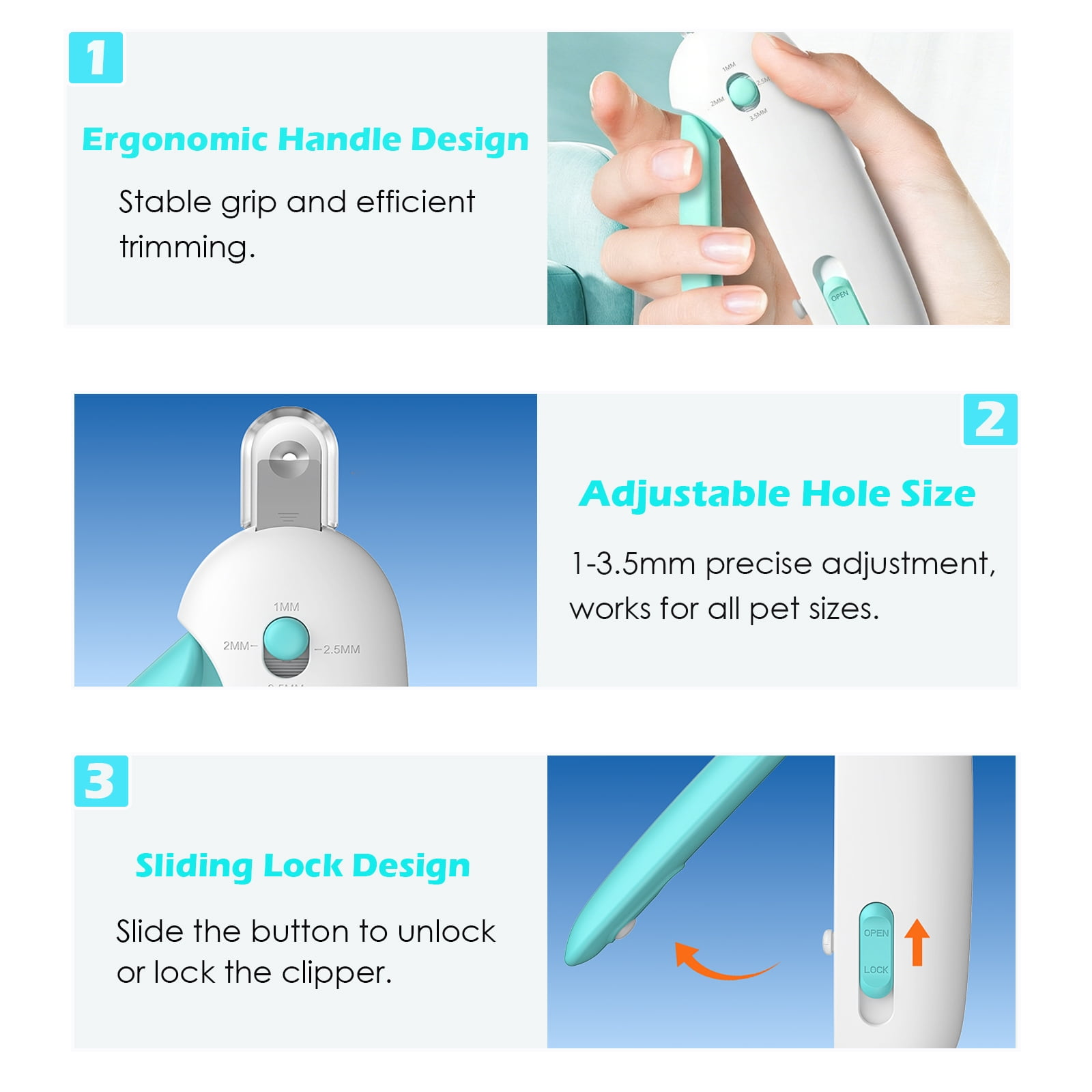 Produktmerkmale des ergonomischen Tierschneiders: Griff, verstellbare Lochgröße und Schiebeschloss.