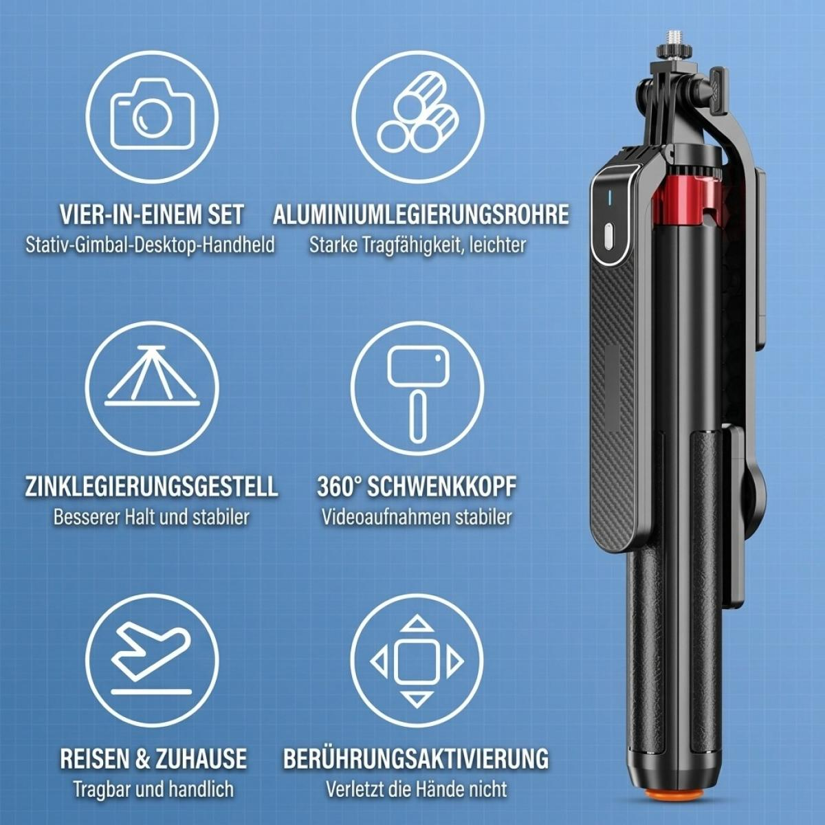 Ein schwarzer Selfie-Stick mit roten Akzenten und Infografiken auf blauem Hintergrund.