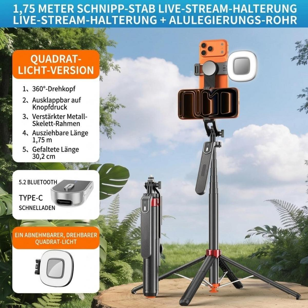 Ein 1,75m Livestream-Stativ mit Handys, Ringlicht und Fernbedienung vor Naturhintergrund.