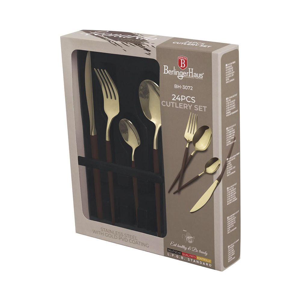 Menagere 24 pieces Berlinger Haus dore PVD avec manches marron, presentee dans une boite.