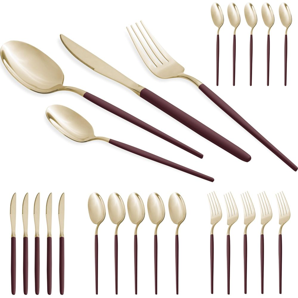 Set de couverts dorés avec poignées rouges, comprenant cuillères, fourchettes et couteaux, sur fond blanc.