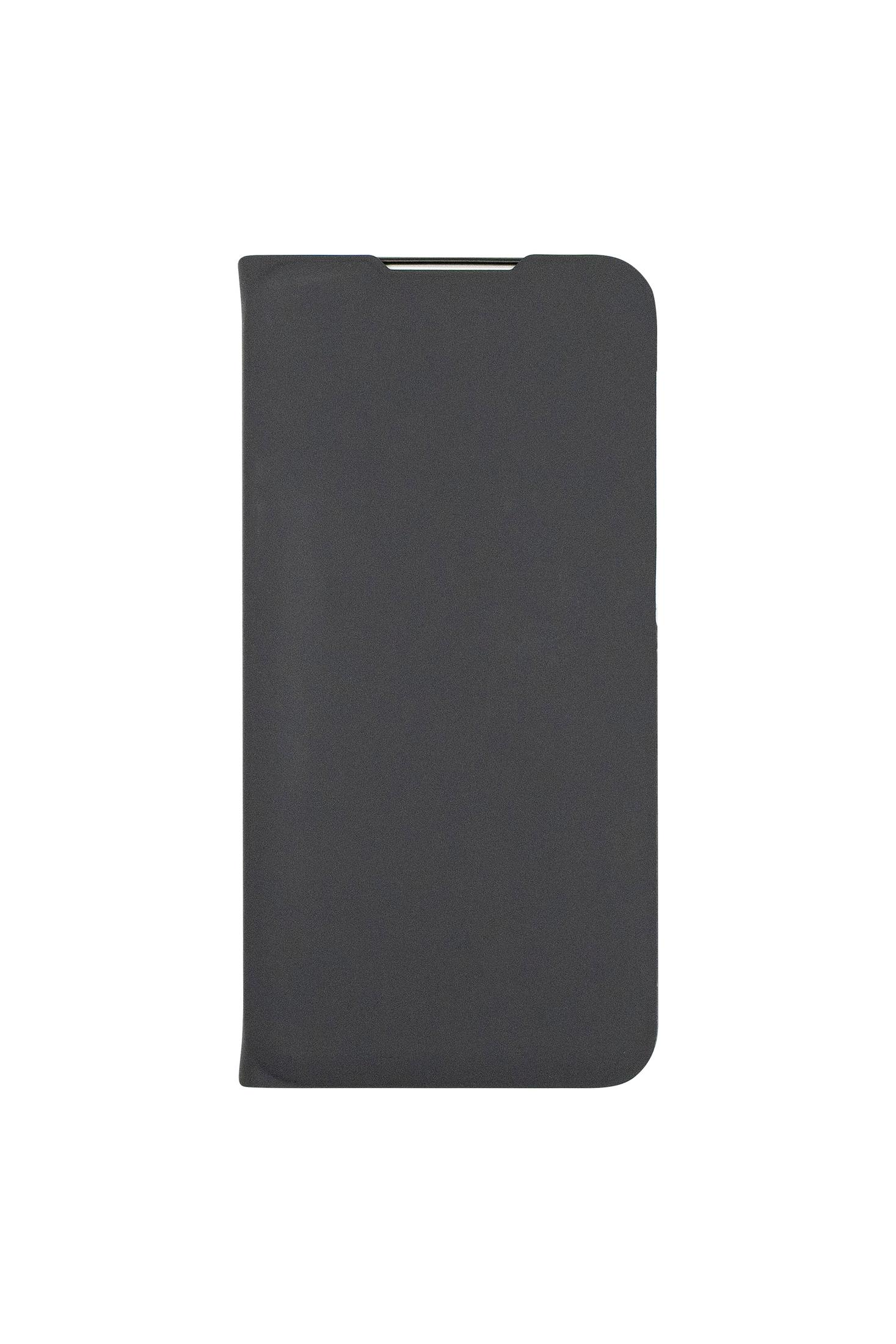 Fundador de teléfono negro cerrado con textura suave sobre fondo blanco.