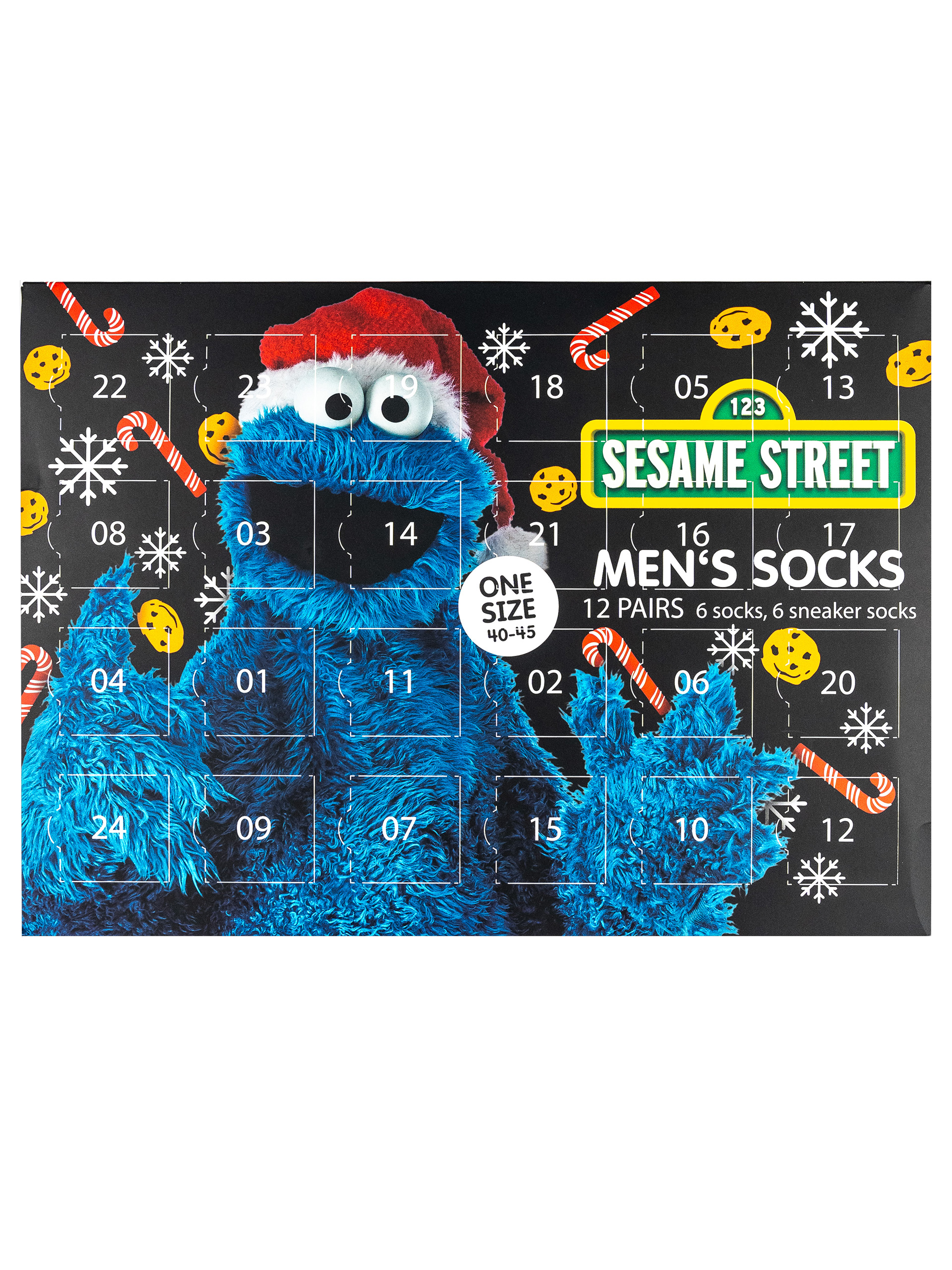 Sesamstraße Adventskalender für Herrensocken mit Krümelmonster in Weihnachtsmütze vor schwarzem Hintergrund.