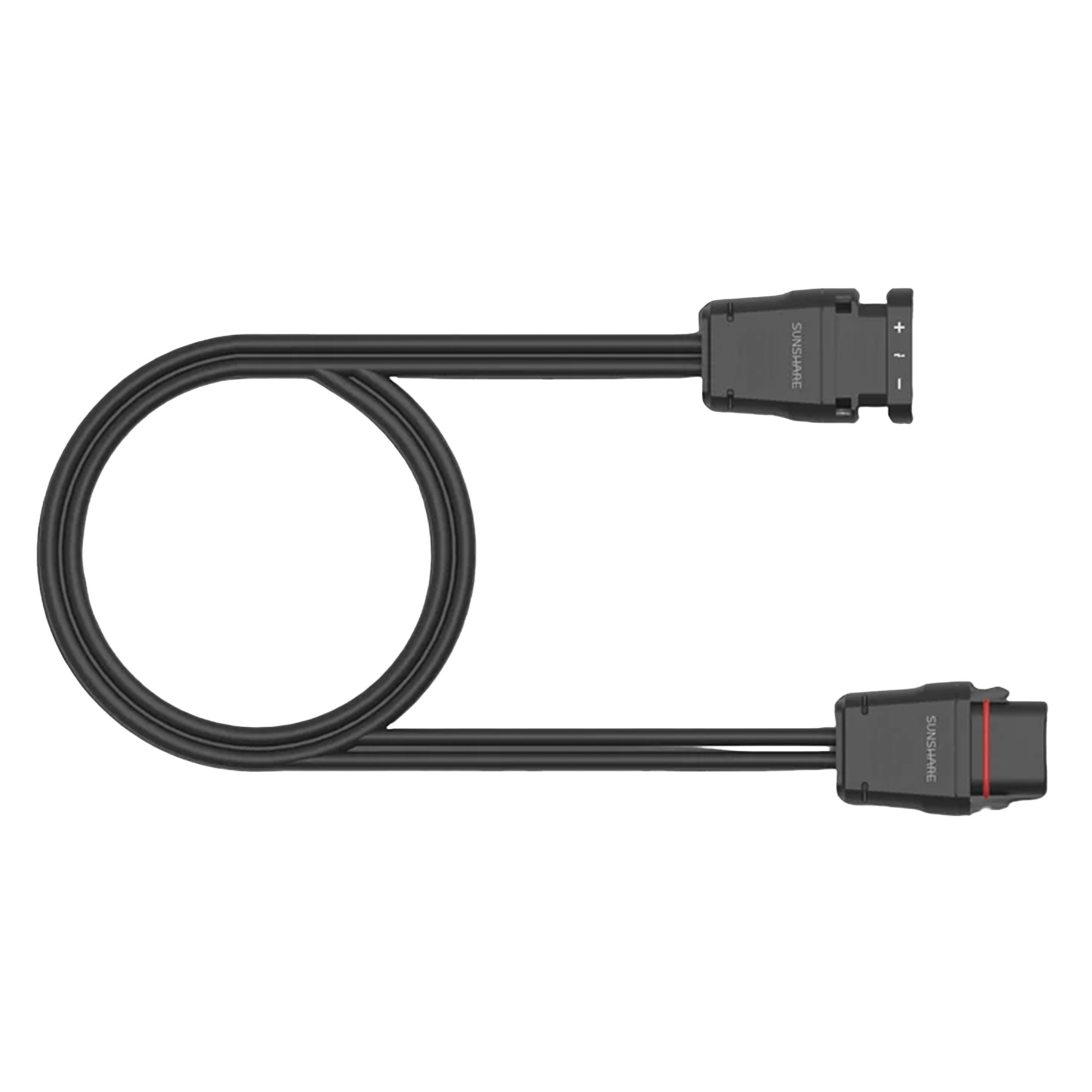 Ein schwarzes Netzkabel mit Solaranhängern und Anschlüssen an beiden Enden auf weißem Hintergrund.