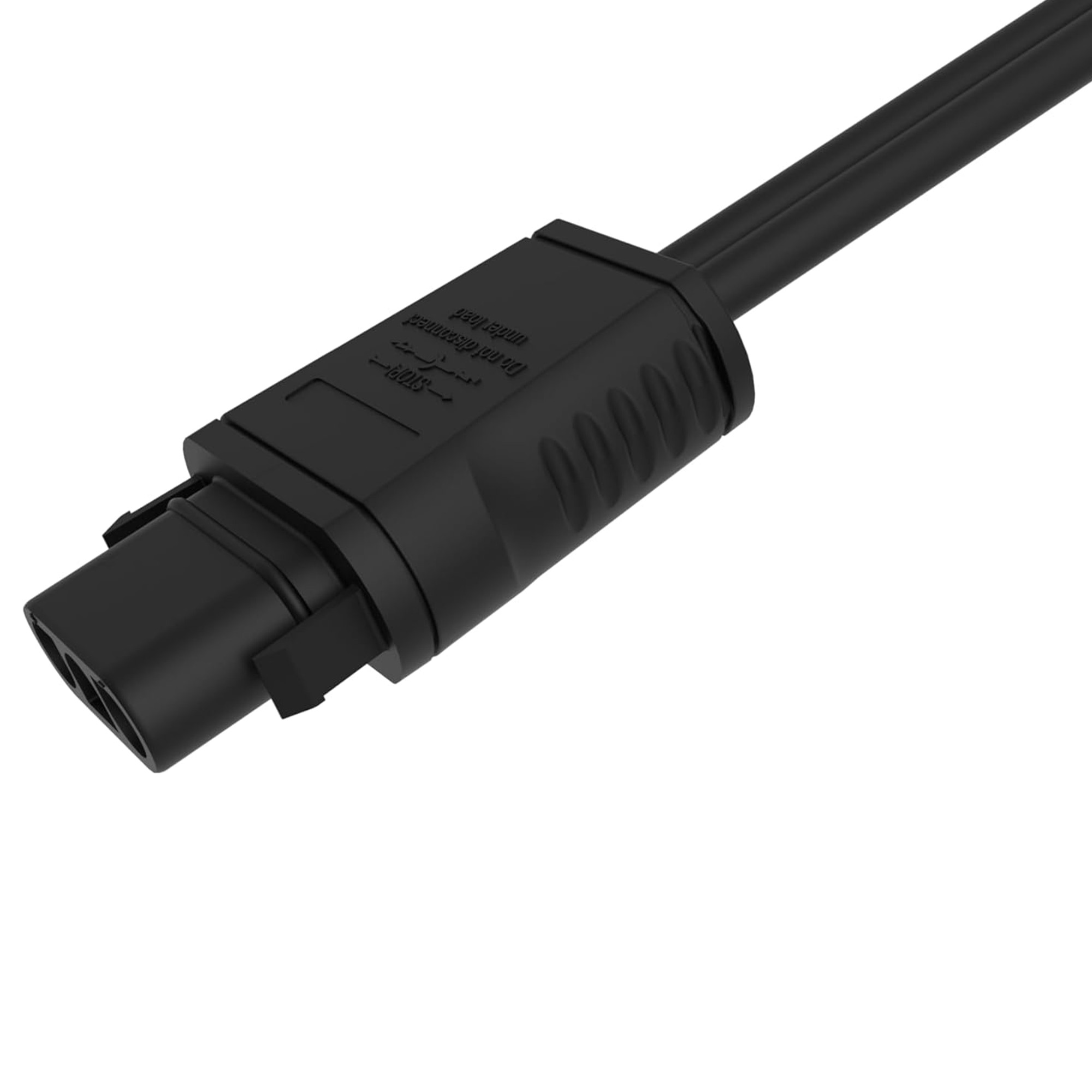Ein schwarzes Netzkabel mit Stecker auf weißem Hintergrund.
