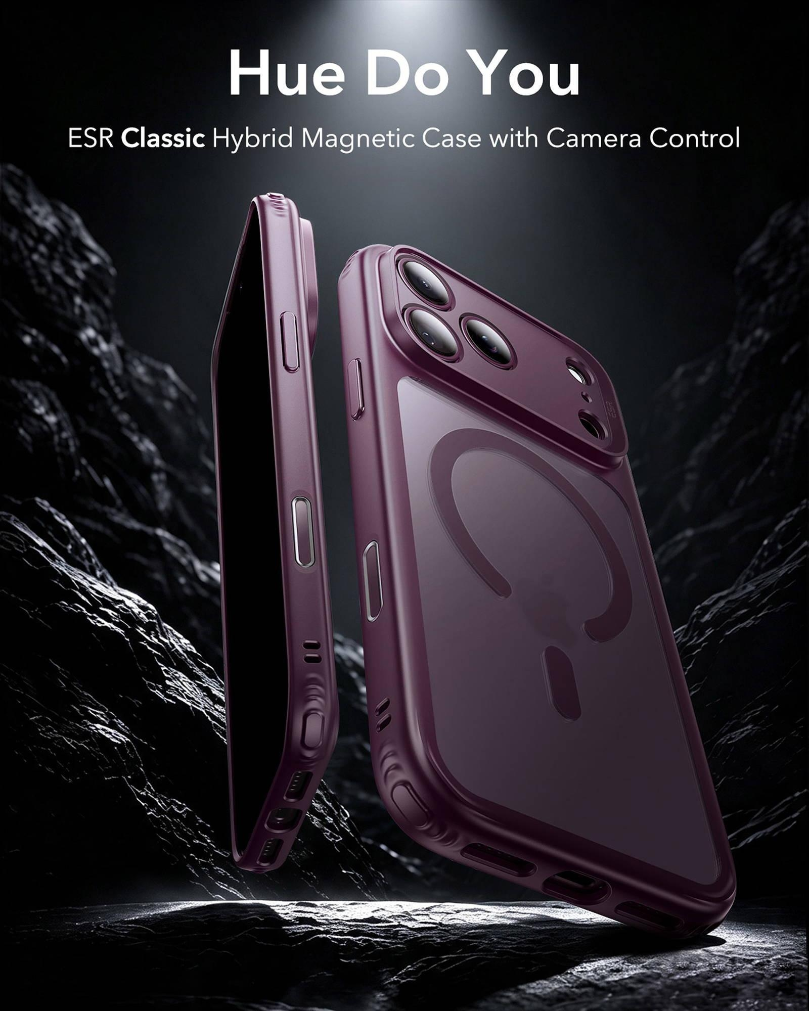 Zwei violette ESR Classic Hybrid Handyhüllen in einem felsigen, dunklen Hintergrund.