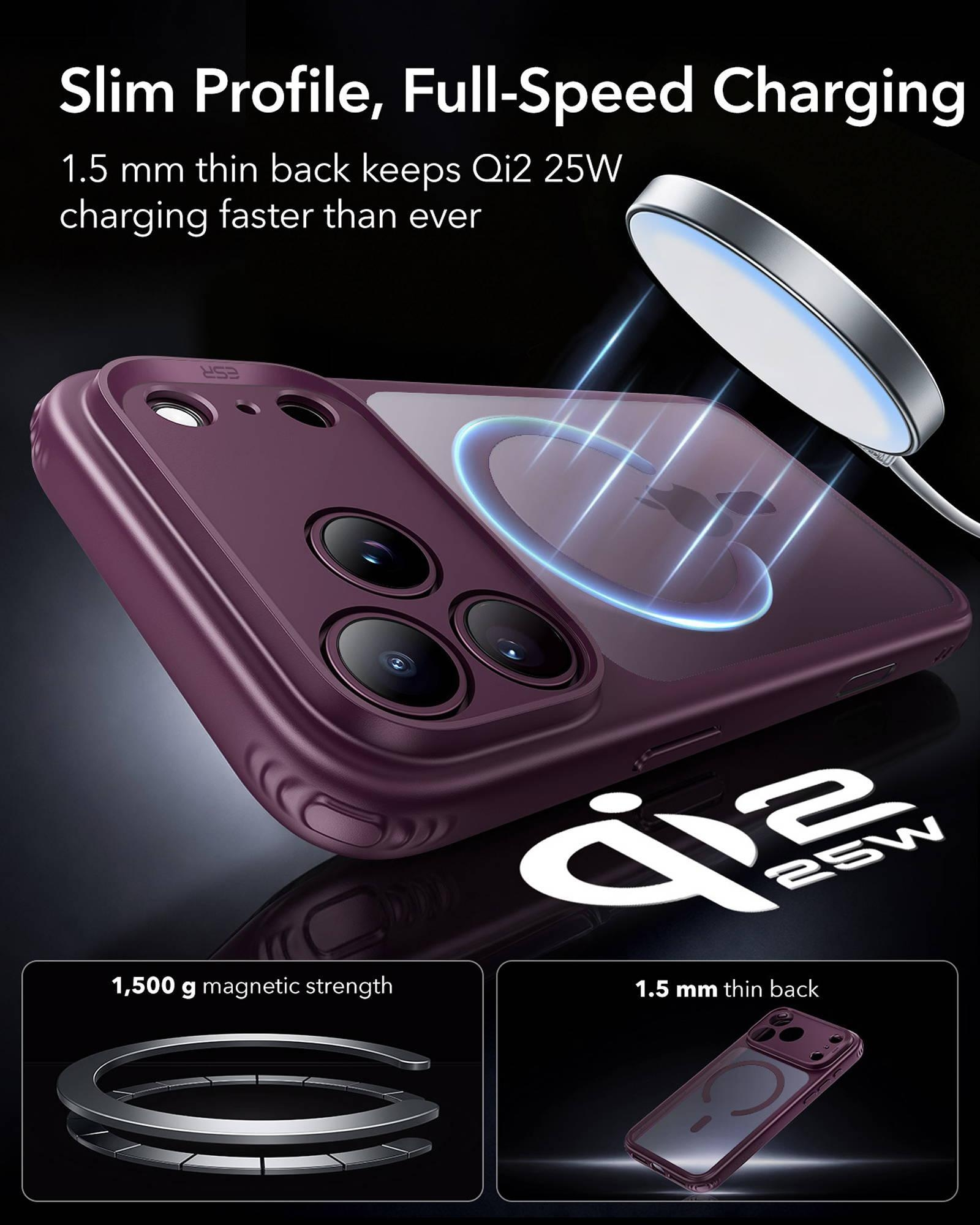 Ein lila Smartphone-Case mit MagSafe-Ladegerät darüber.