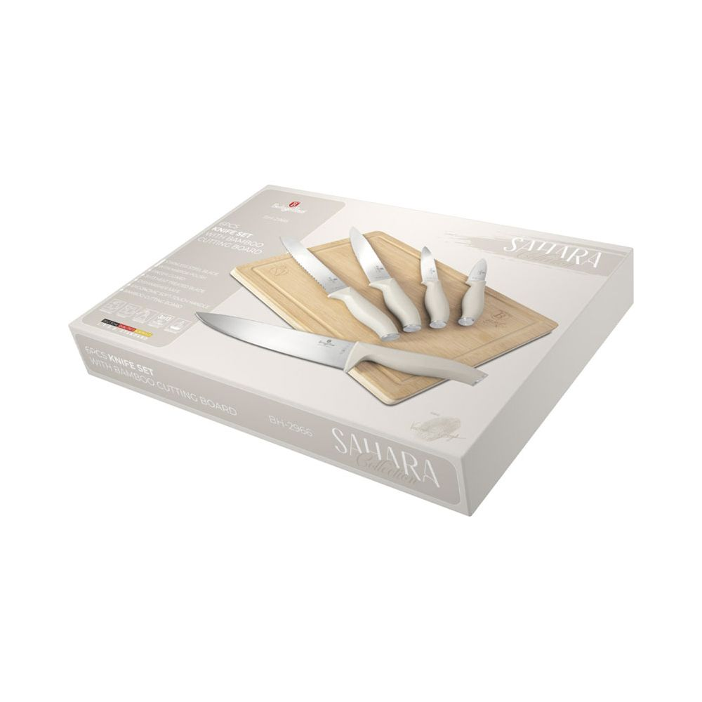Jeu de 6 couteaux Sahara Collection avec planche à découper en bambou dans sa boîte.