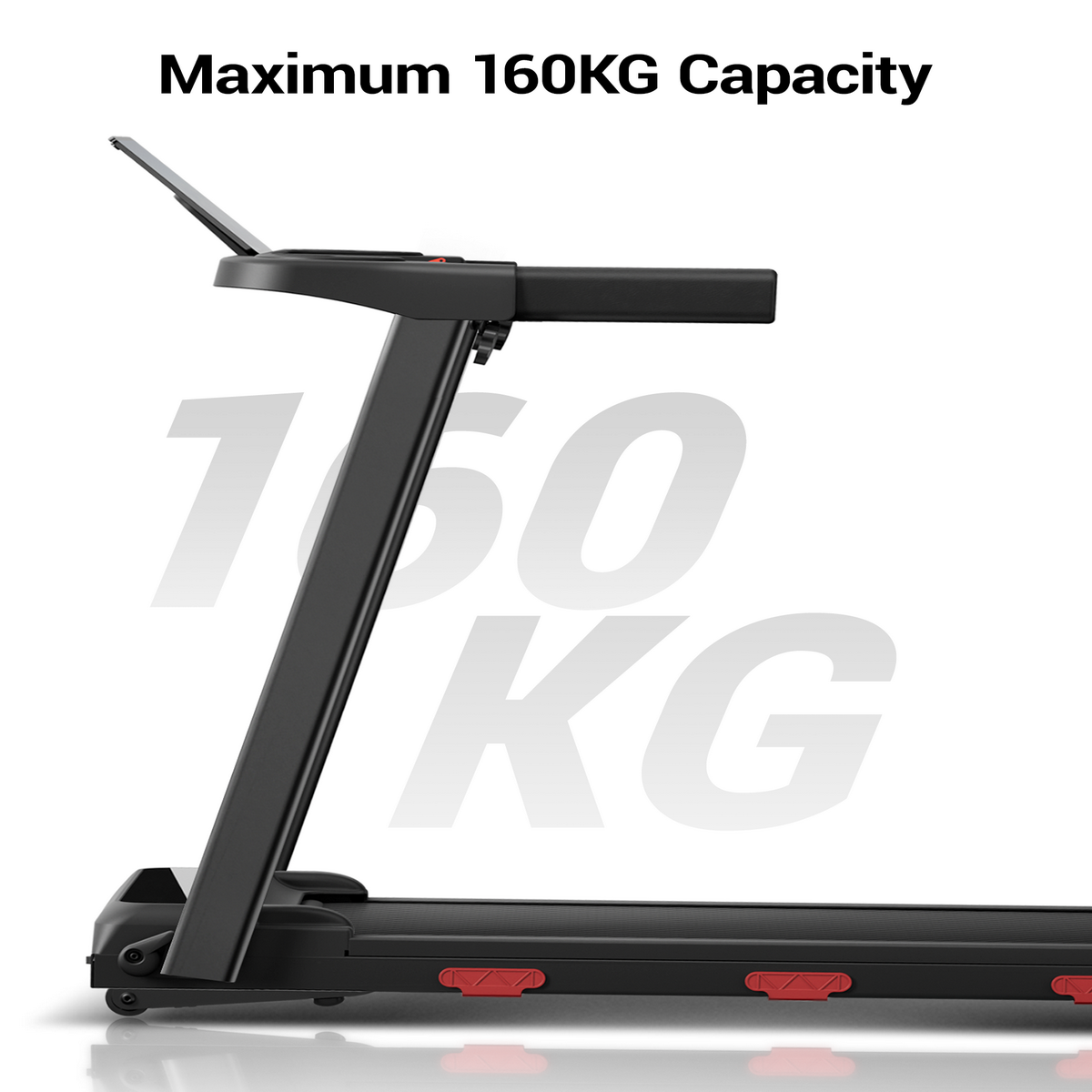 Schwarzes Laufband mit Text Maximum 160KG Capacity vor weißem Hintergrund.