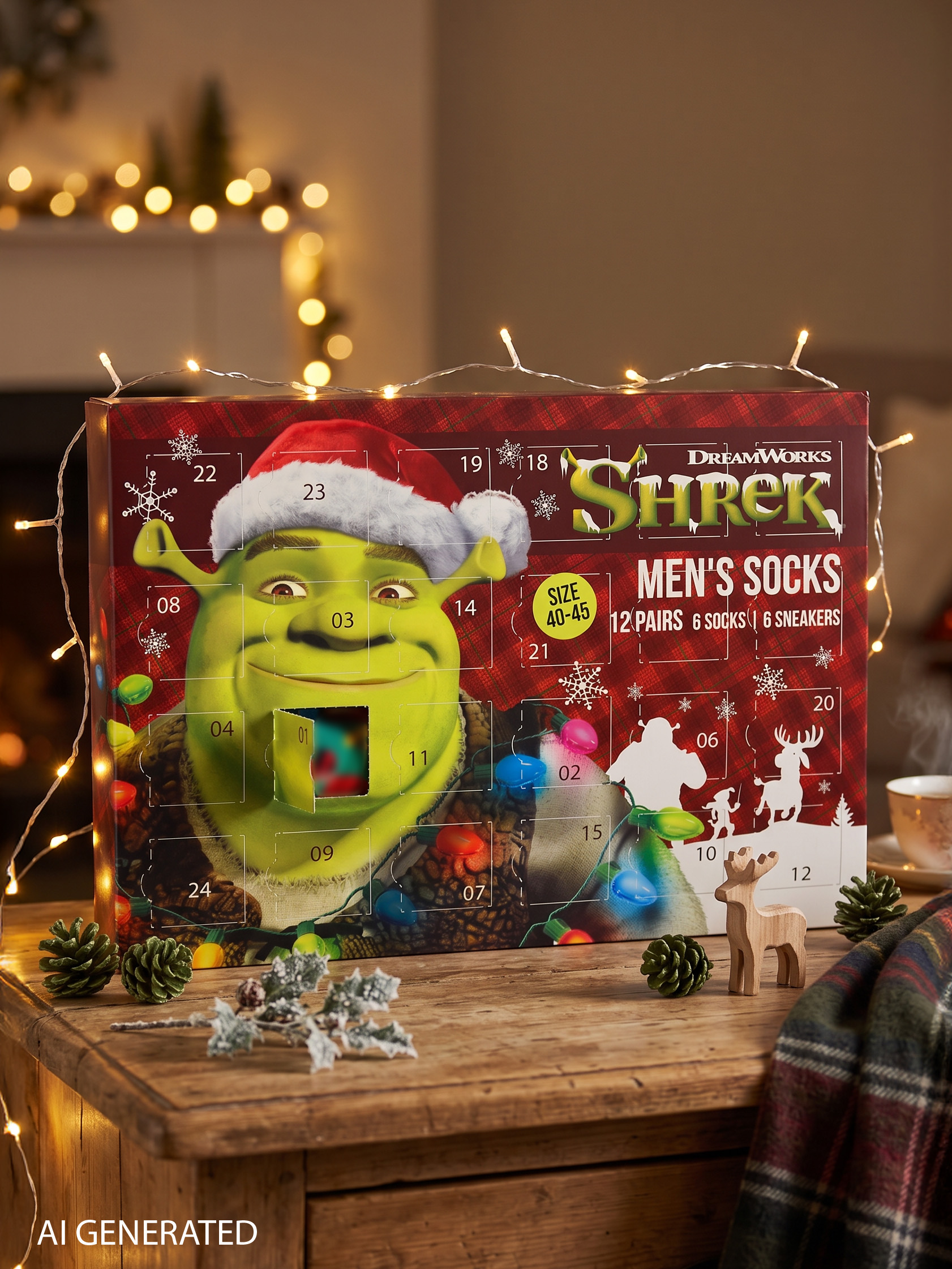 Shrek-Weihnachtskalender auf Holztisch mit Lichterkette, Pinienzapfen und Rentierfigur.