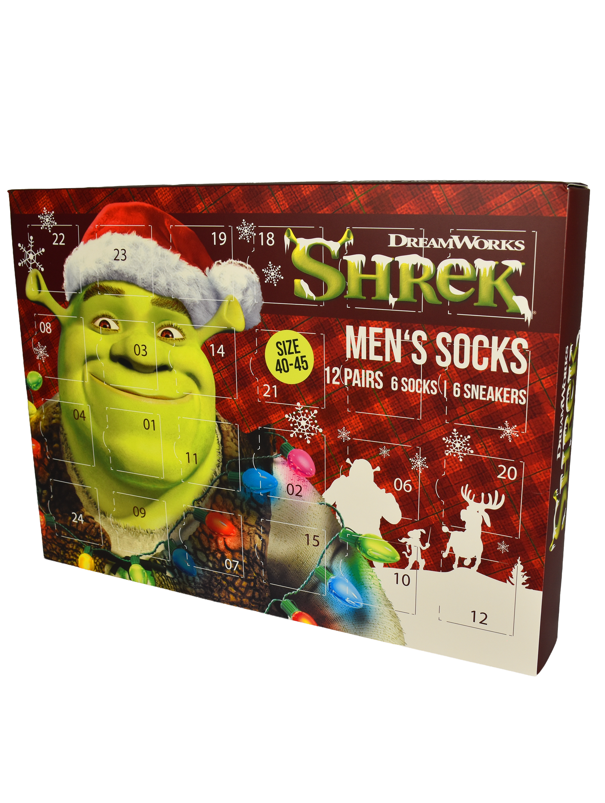 Shrek-Weihnachtskalender für Herrensocken mit grüner Shrek-Figur und Weihnachtsmütze vor kariertem Hintergrund.