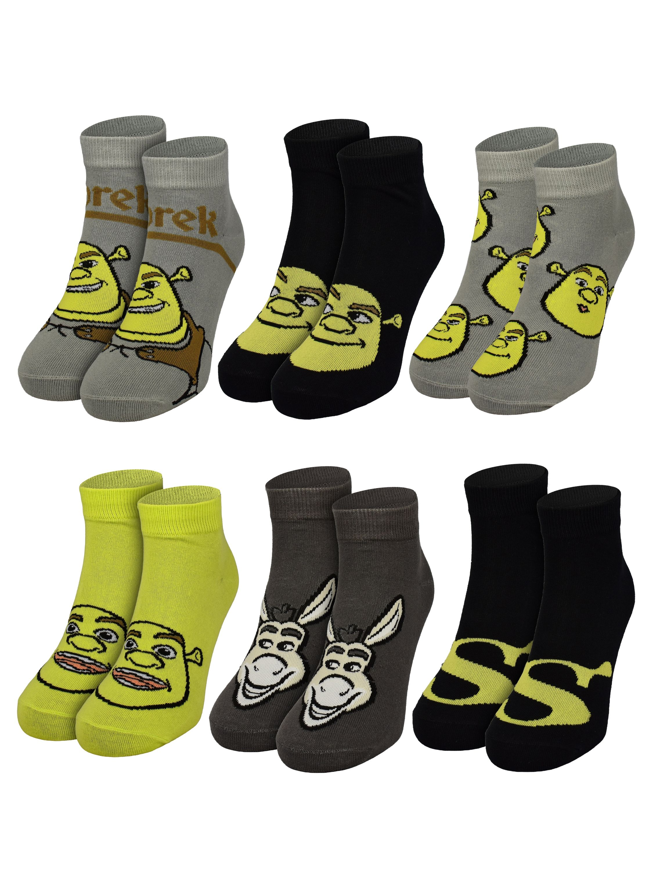 Sechs Paar Kindersöckchen mit Shrek- und Esel-Motiven in Grau, Schwarz, Limettengrün und Dunkelgrau.