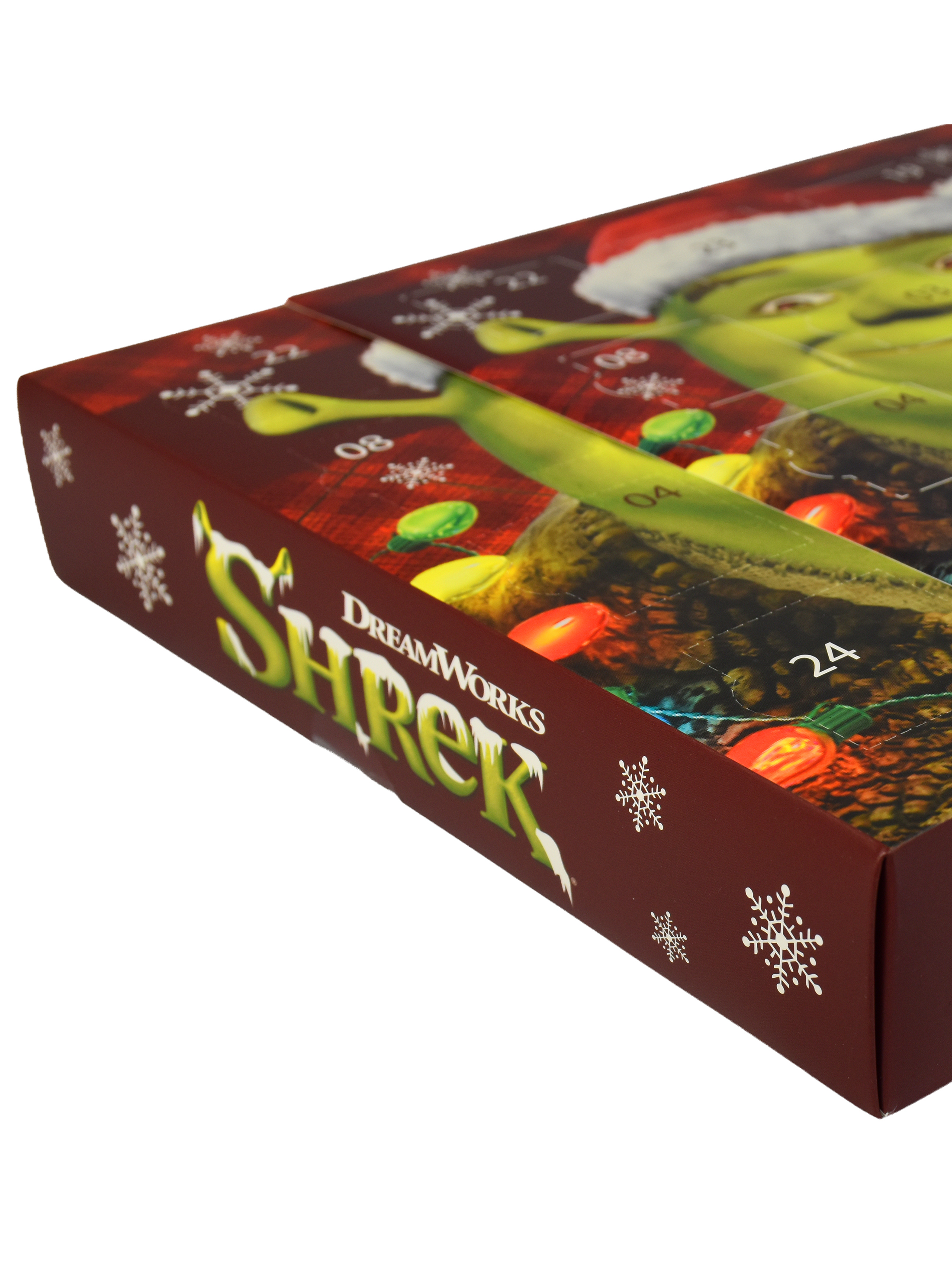 Ein Shrek Adventskalender mit rotem Hintergrund, weißen Schneeflocken und Shrek mit Weihnachtsmütze.