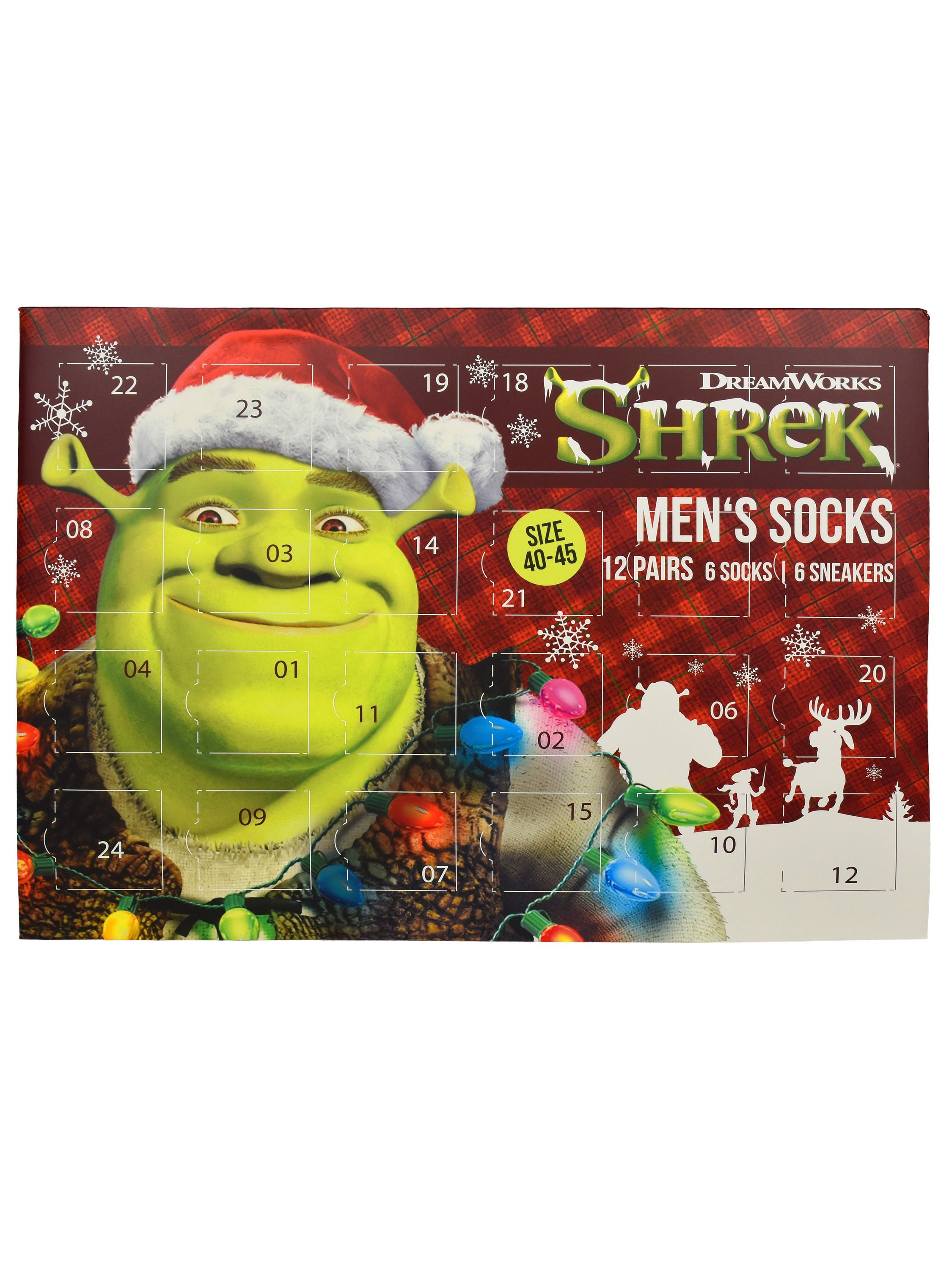 Shrek-Adventskalender für Herrensocken mit Weihnachtsmütze und Lichterkette vor rotem Karo-Hintergrund.